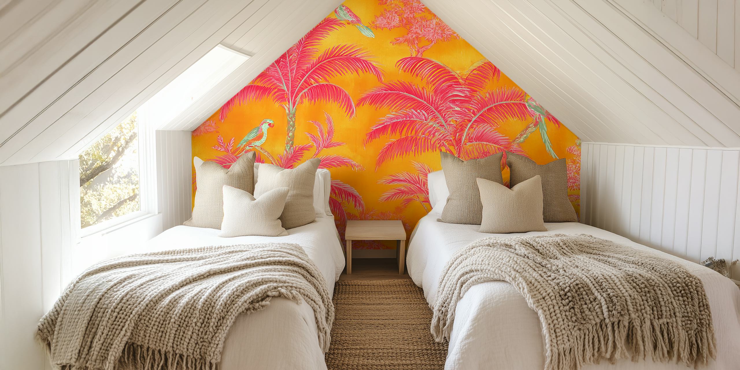 Tropical palm trees and colorful birds on orange wallpaper