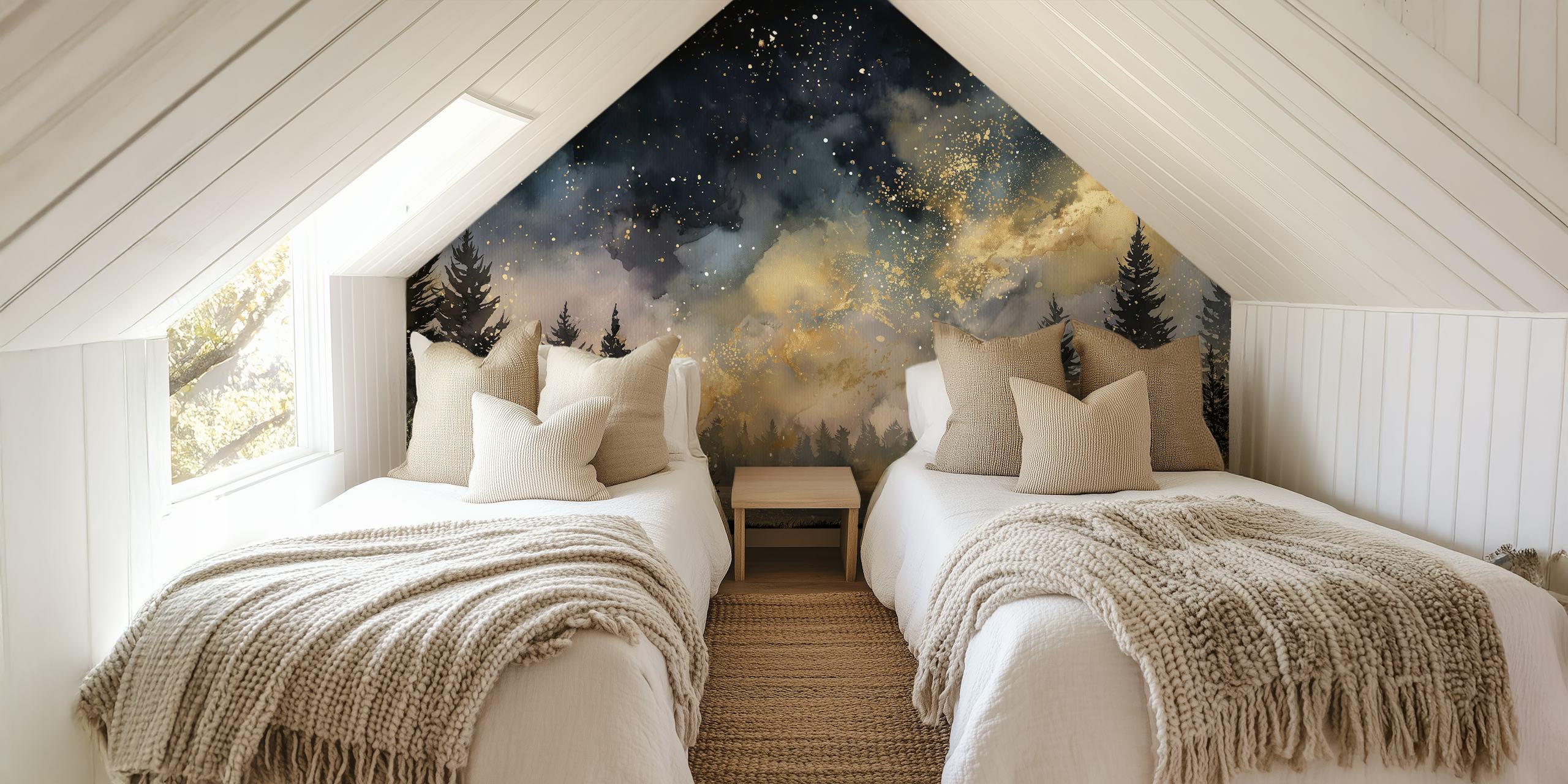 Starry night forest with dark blue hues and golden accents wallpaper