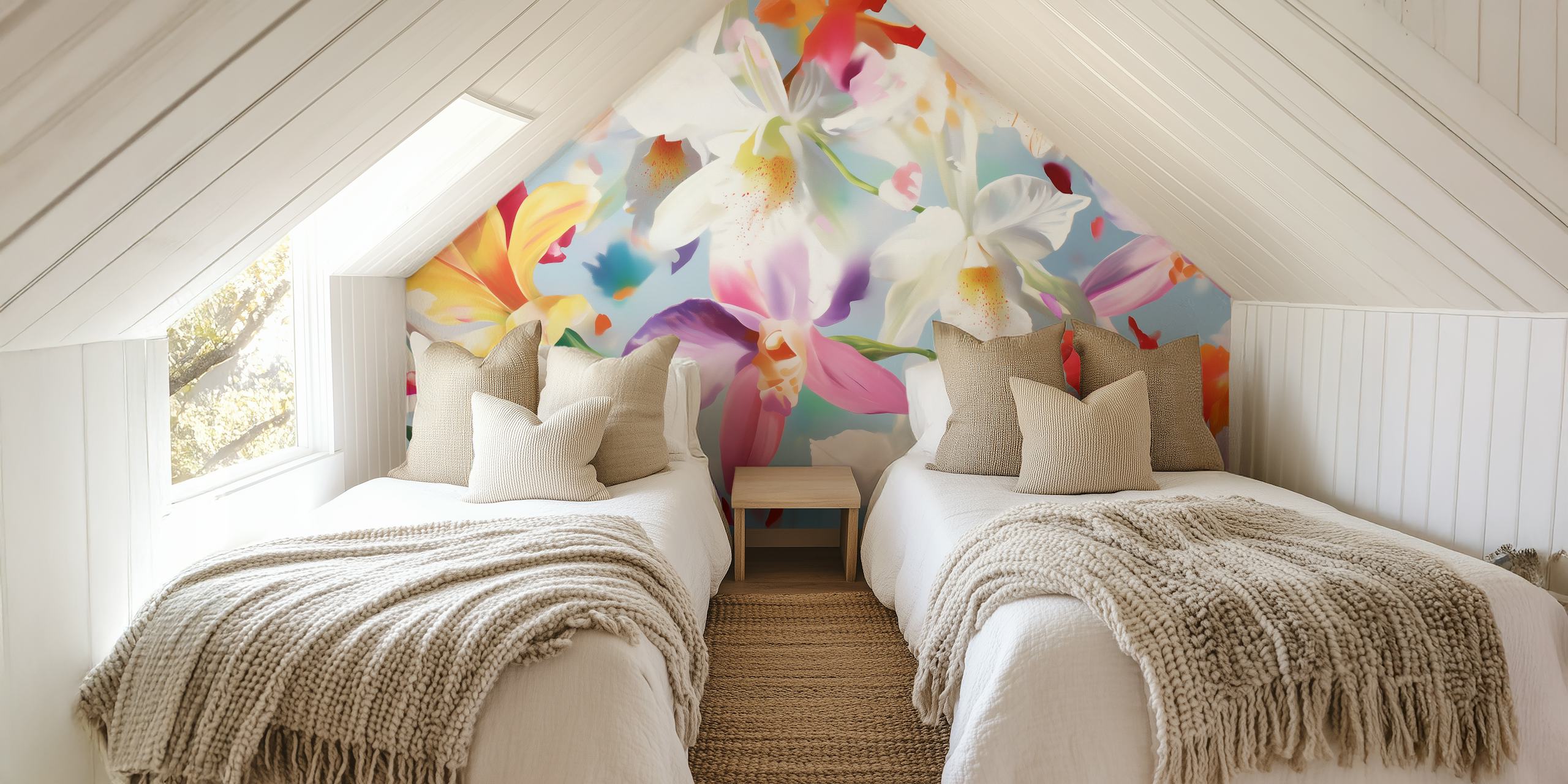 Colorful orchids in pink, white, and yellow on blue background wallpaper