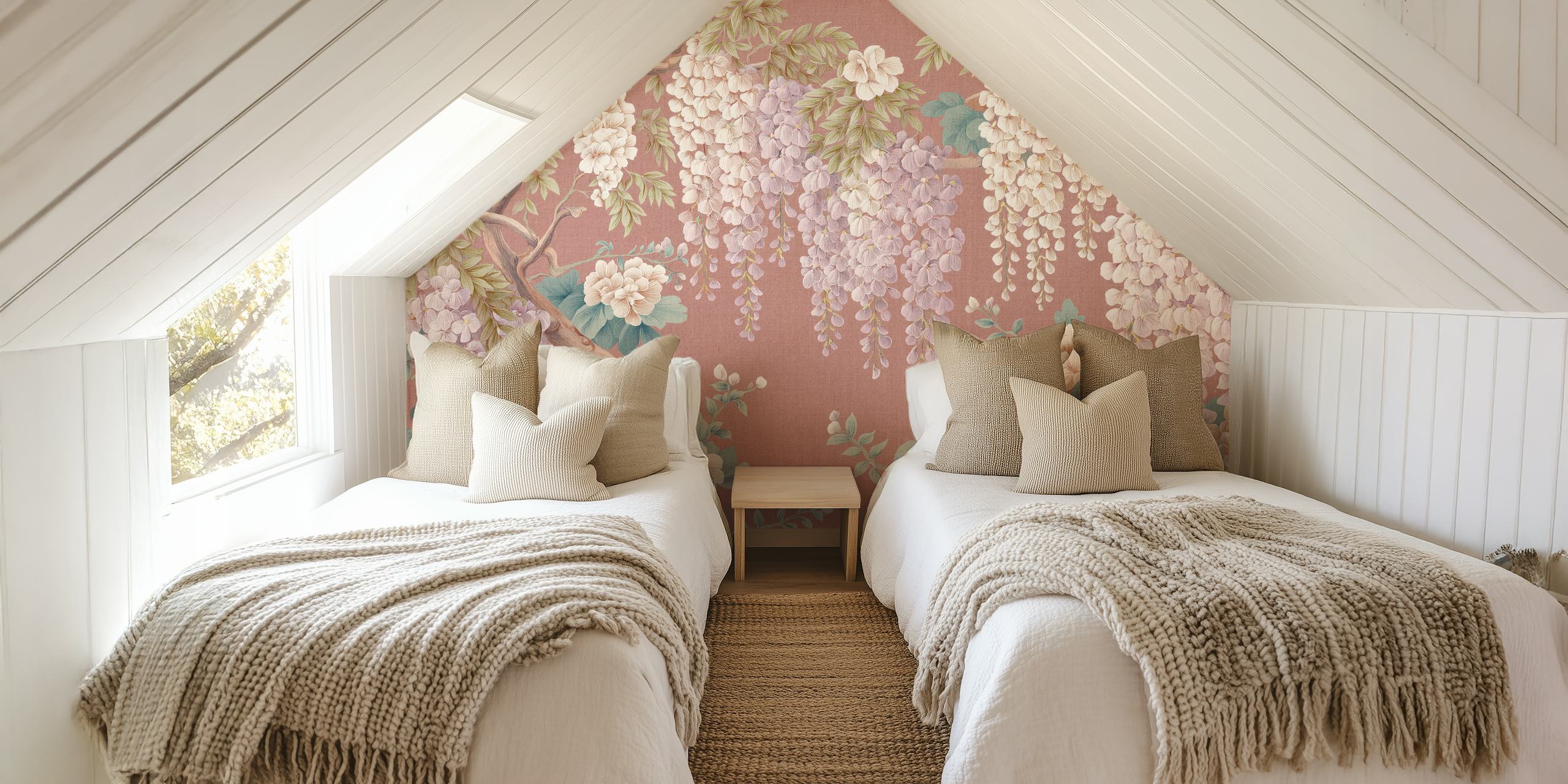 Imperial Wisteria Art Peach wallpaper in a room