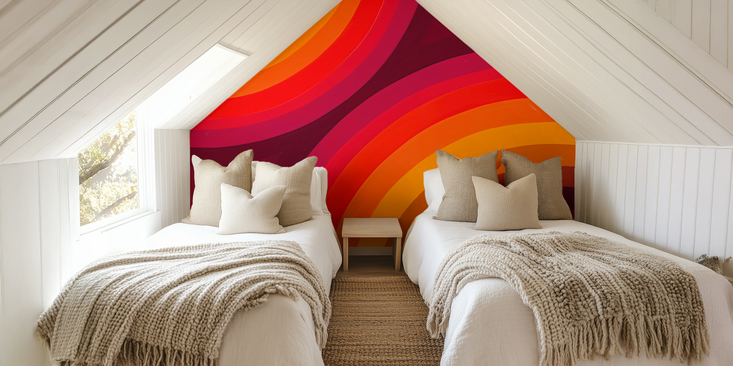 Colorful curved rainbow stripes in orange, red, and yellow wallpaper