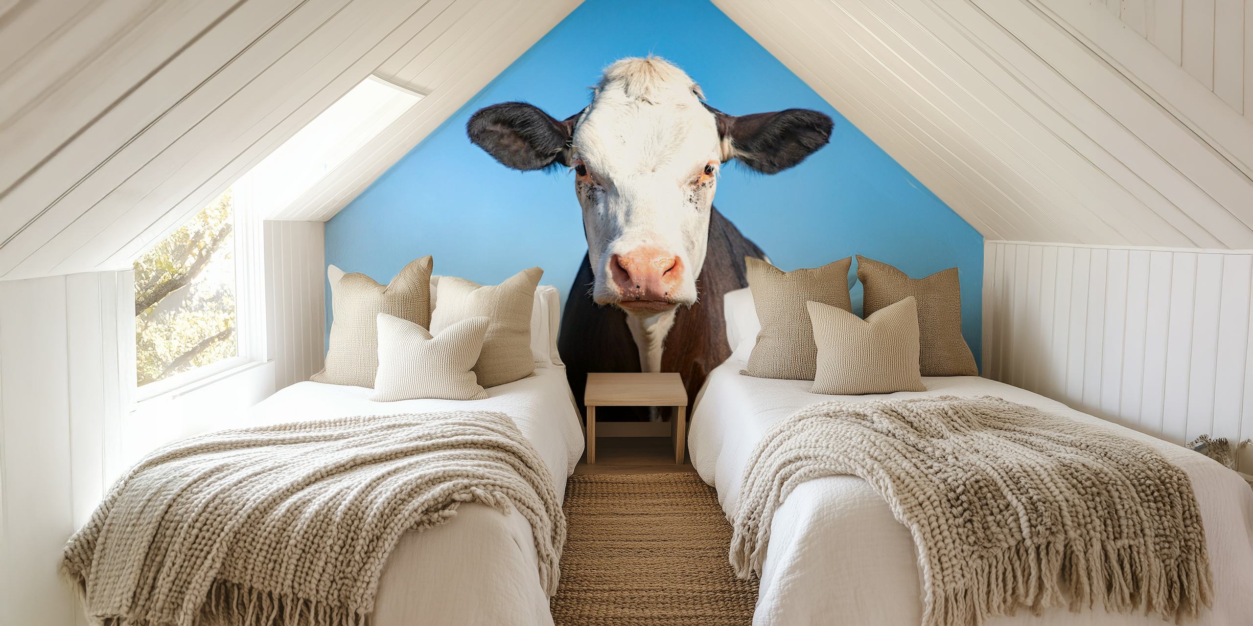 Grumpy cow with black and white fur against blue sky wallpaper