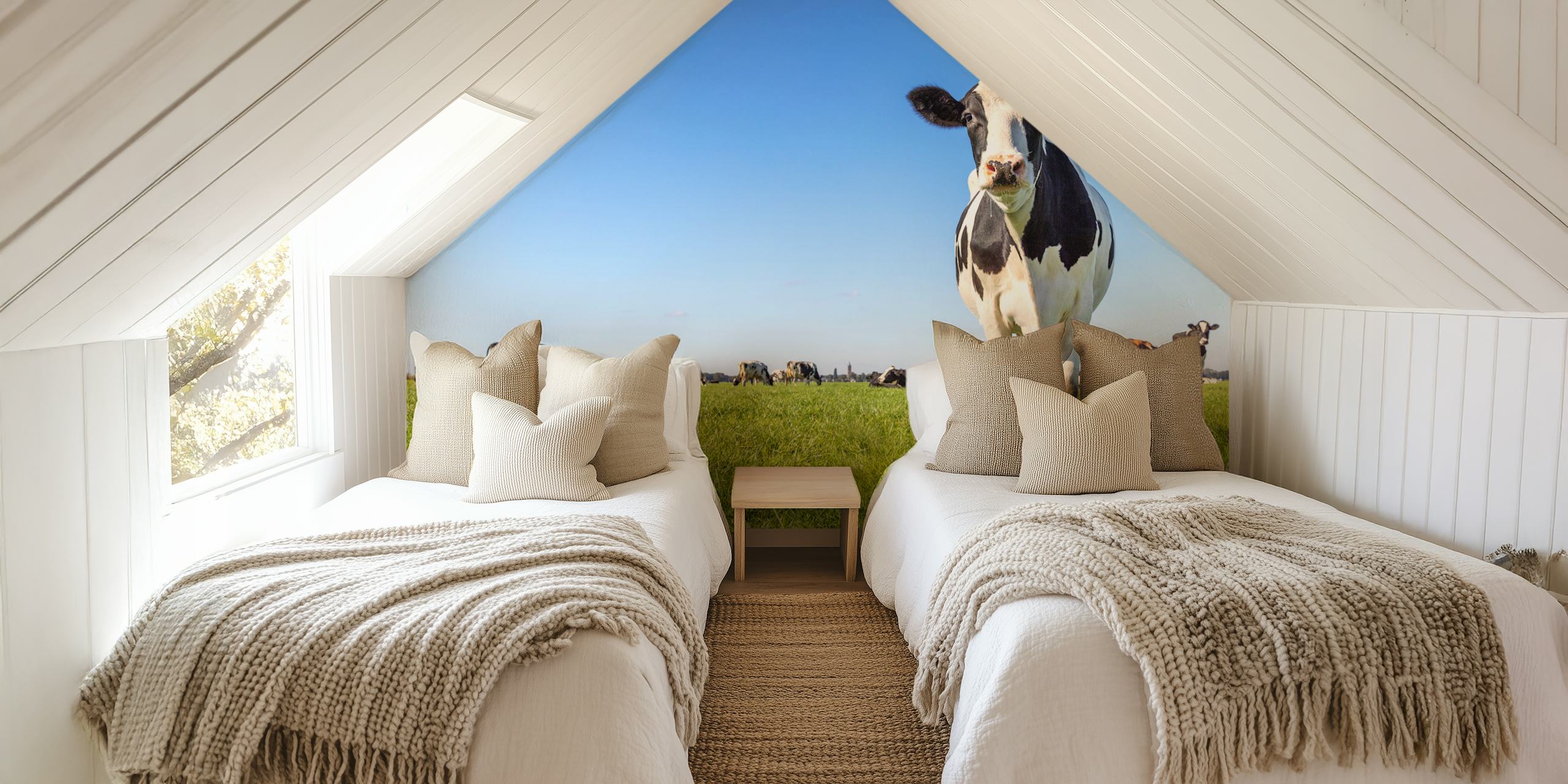Friesian cow in a green meadow wallpaper