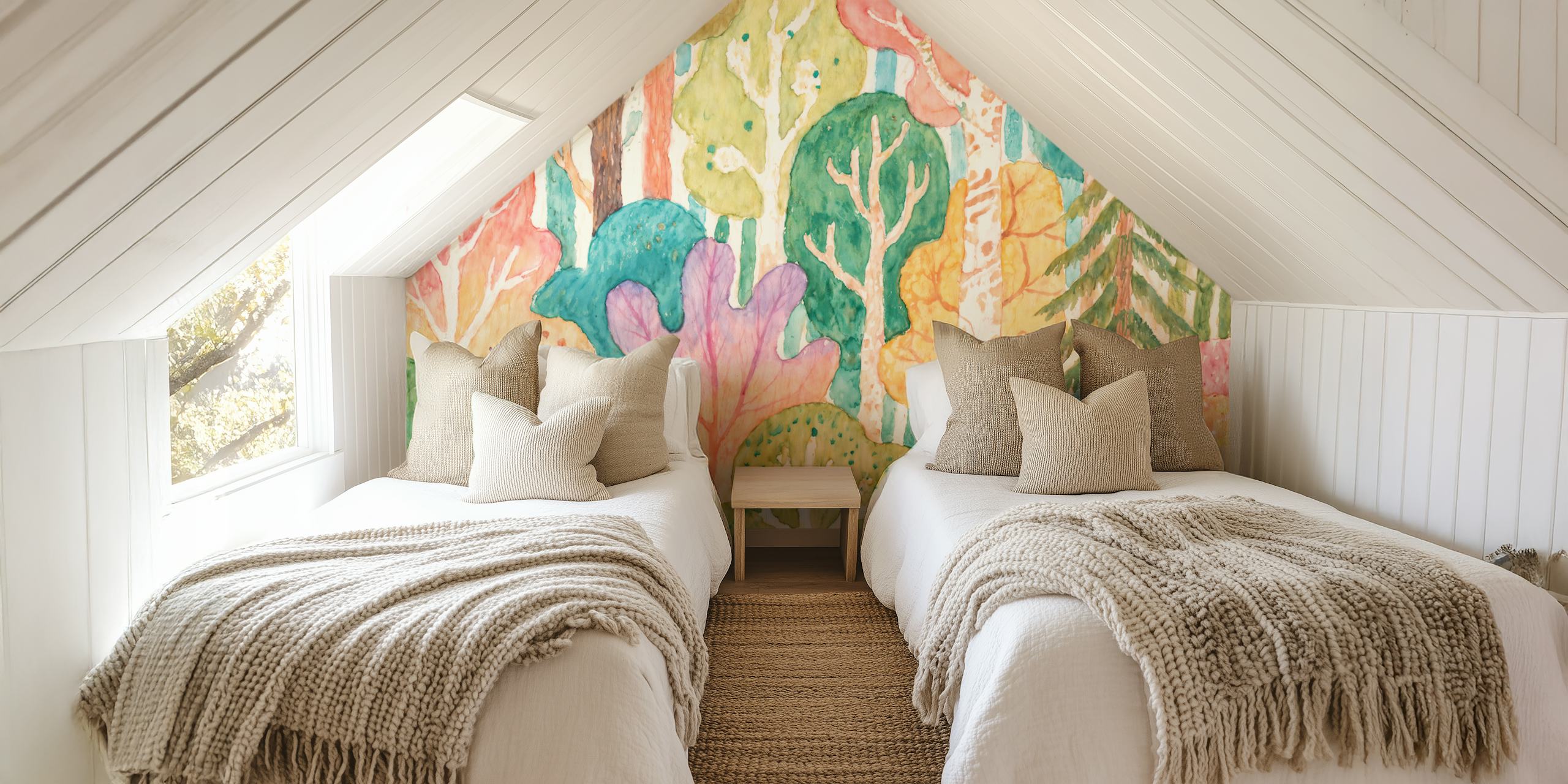 Colorful trees in shades of green, pink, and orange watercolor wallpaper