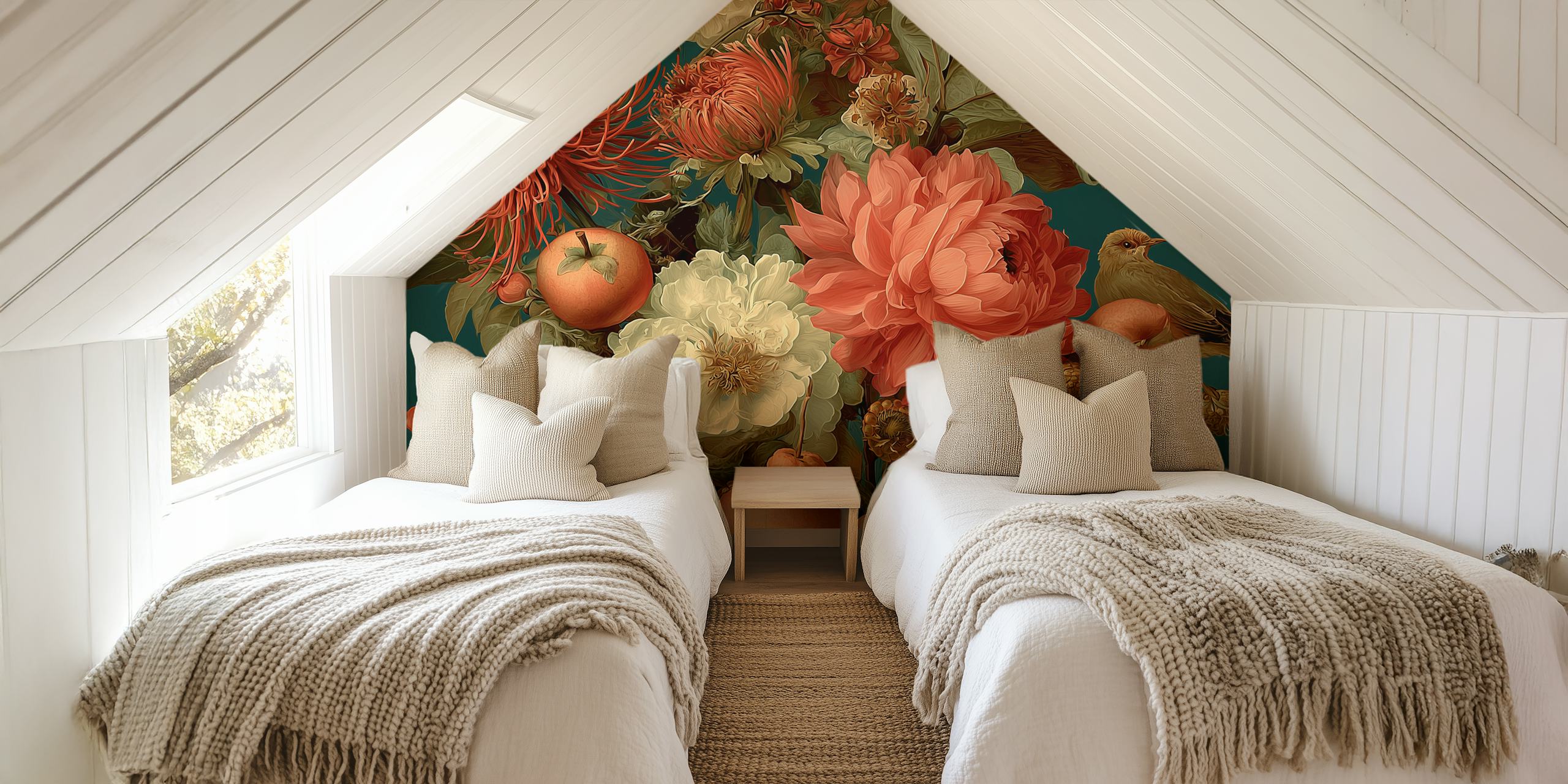 Autumn floral design with vibrant flowers and fruits in earthy colors wallpaper
