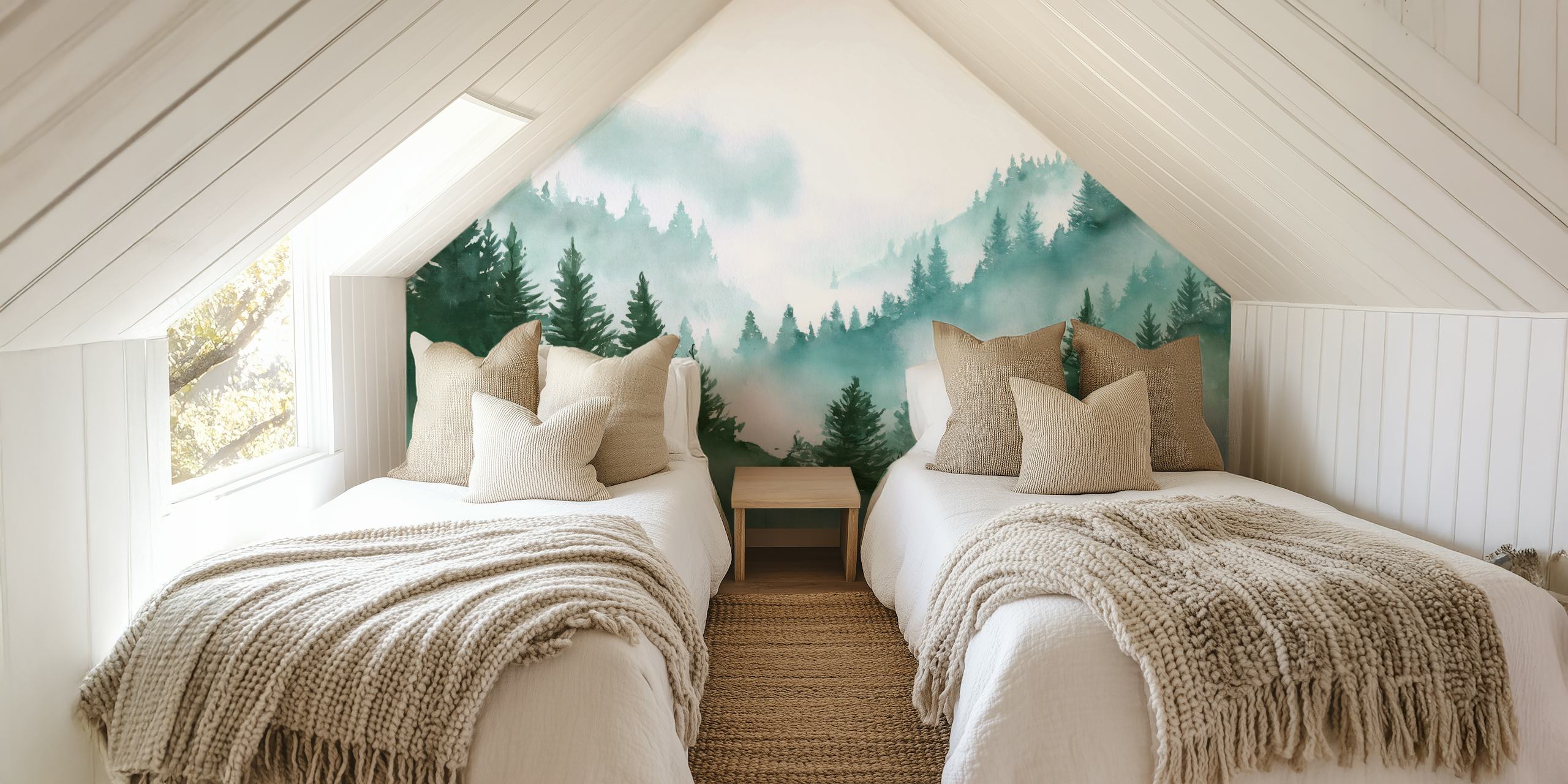 Papel de parede Mystical Pine Forest Landscape em um quarto