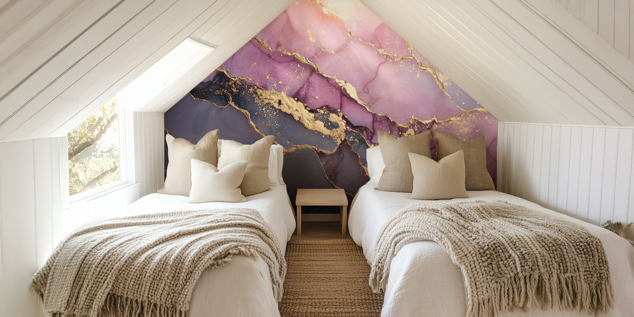 Lavender and gold waves wallpaper in a room