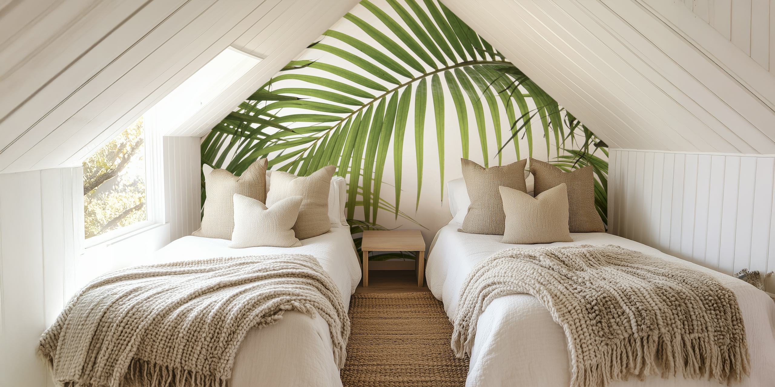 Green tropical palm leaves on soft white background wallpaper