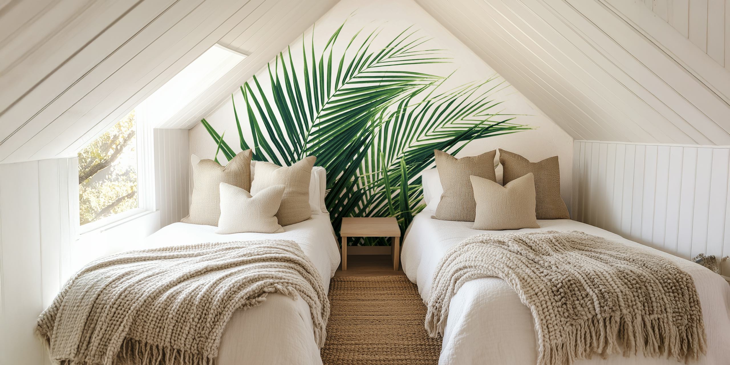 Tropical green palm leaves on a white background wallpaper