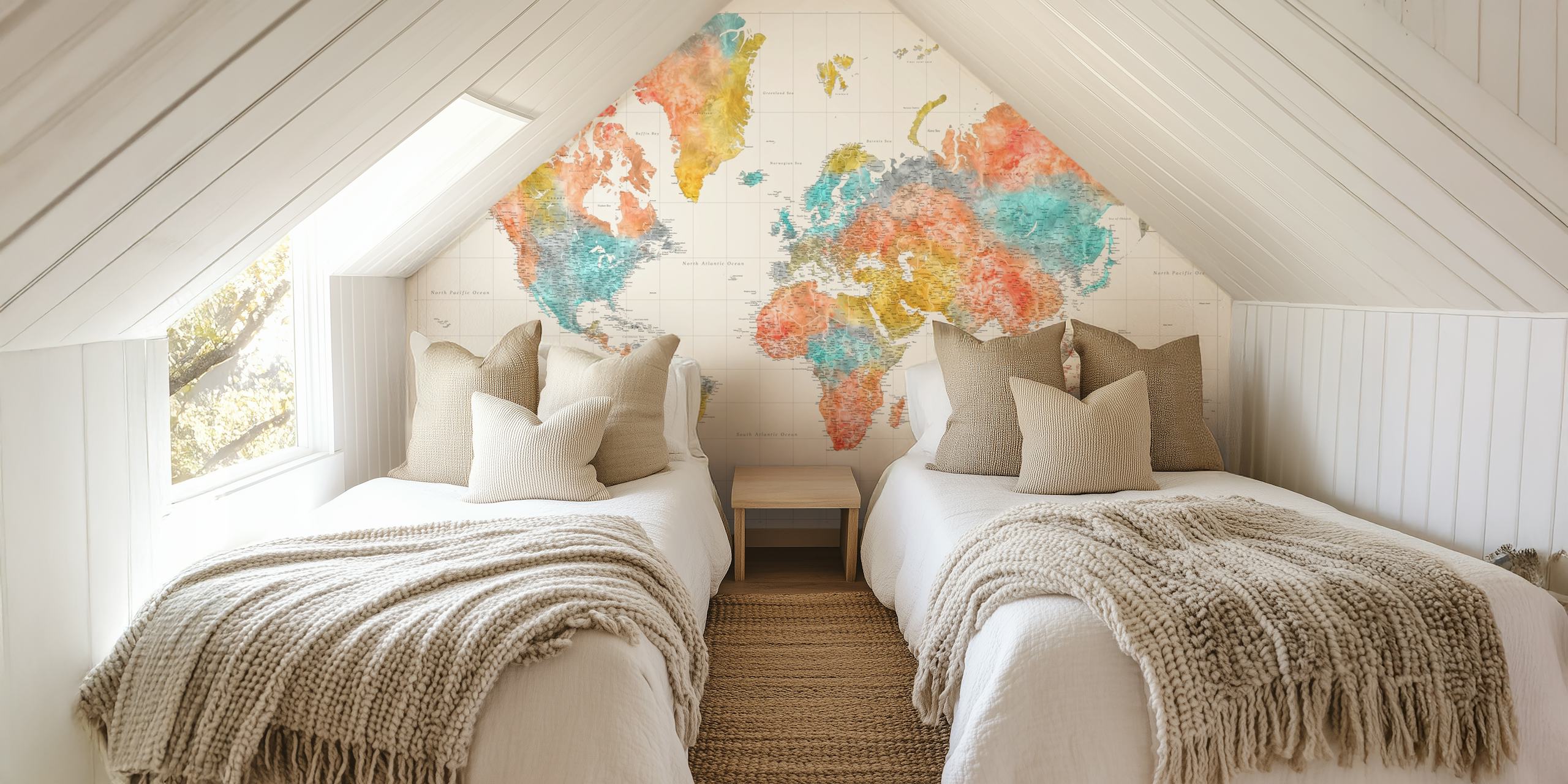 Colorful watercolor world map wallpaper with orange, teal, and yellow hues