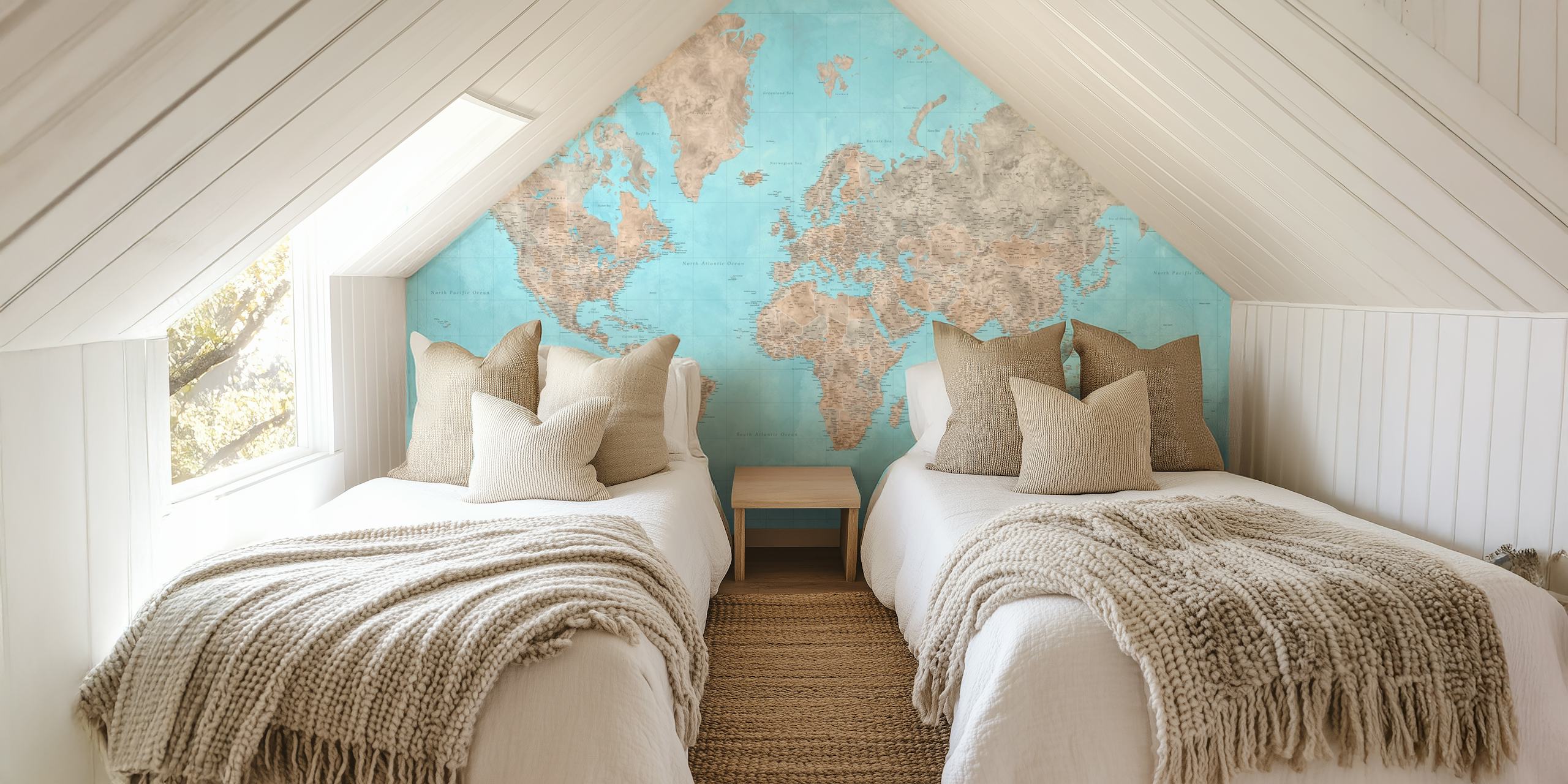Carte du monde en beige et bleu sur fond pastel, style vintage wallpaper