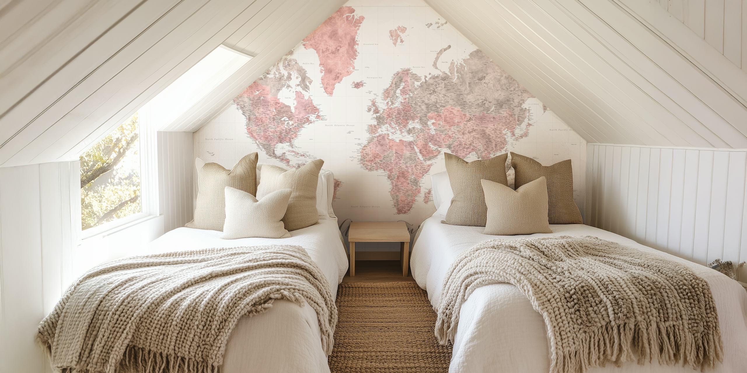 World map in soft pink and gray tones wallpaper