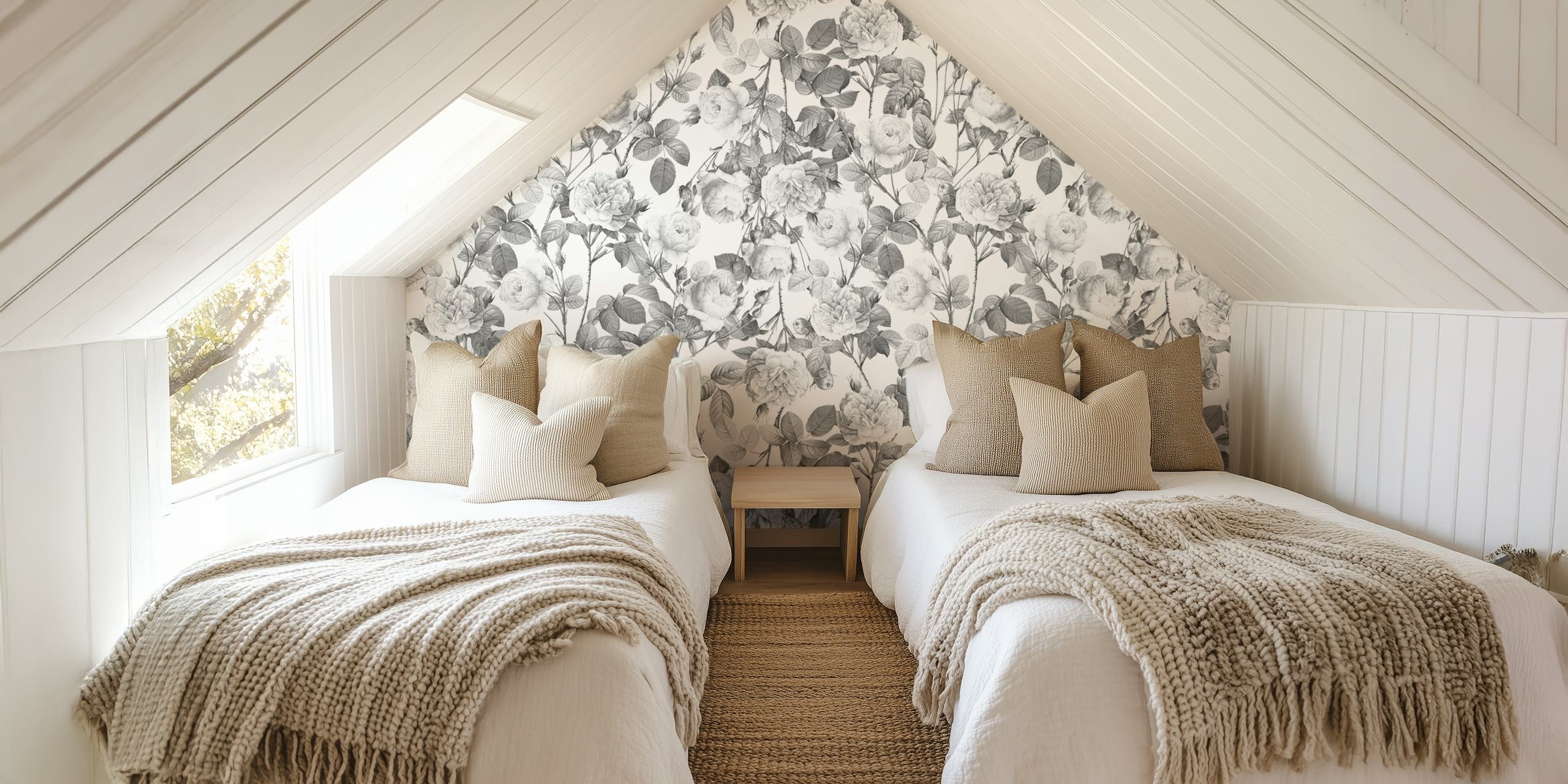 Monochrome floral design featuring white vintage roses on a light background wallpaper