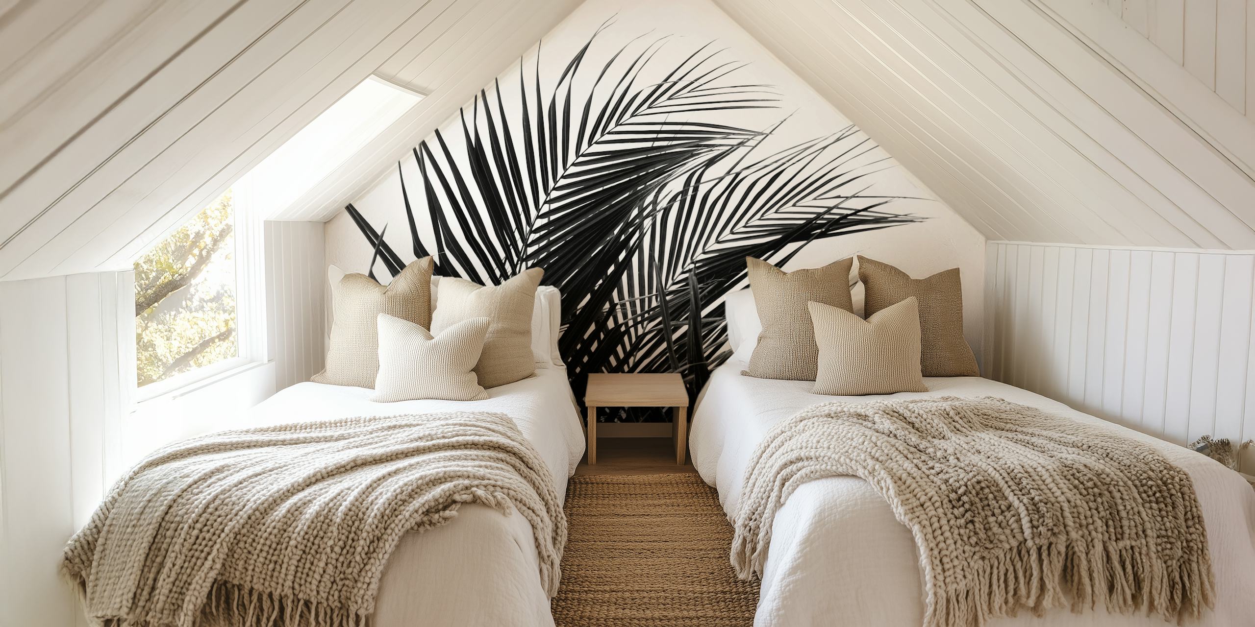 Black and white palm leaves wallpaper with sleek lines and botanical pattern