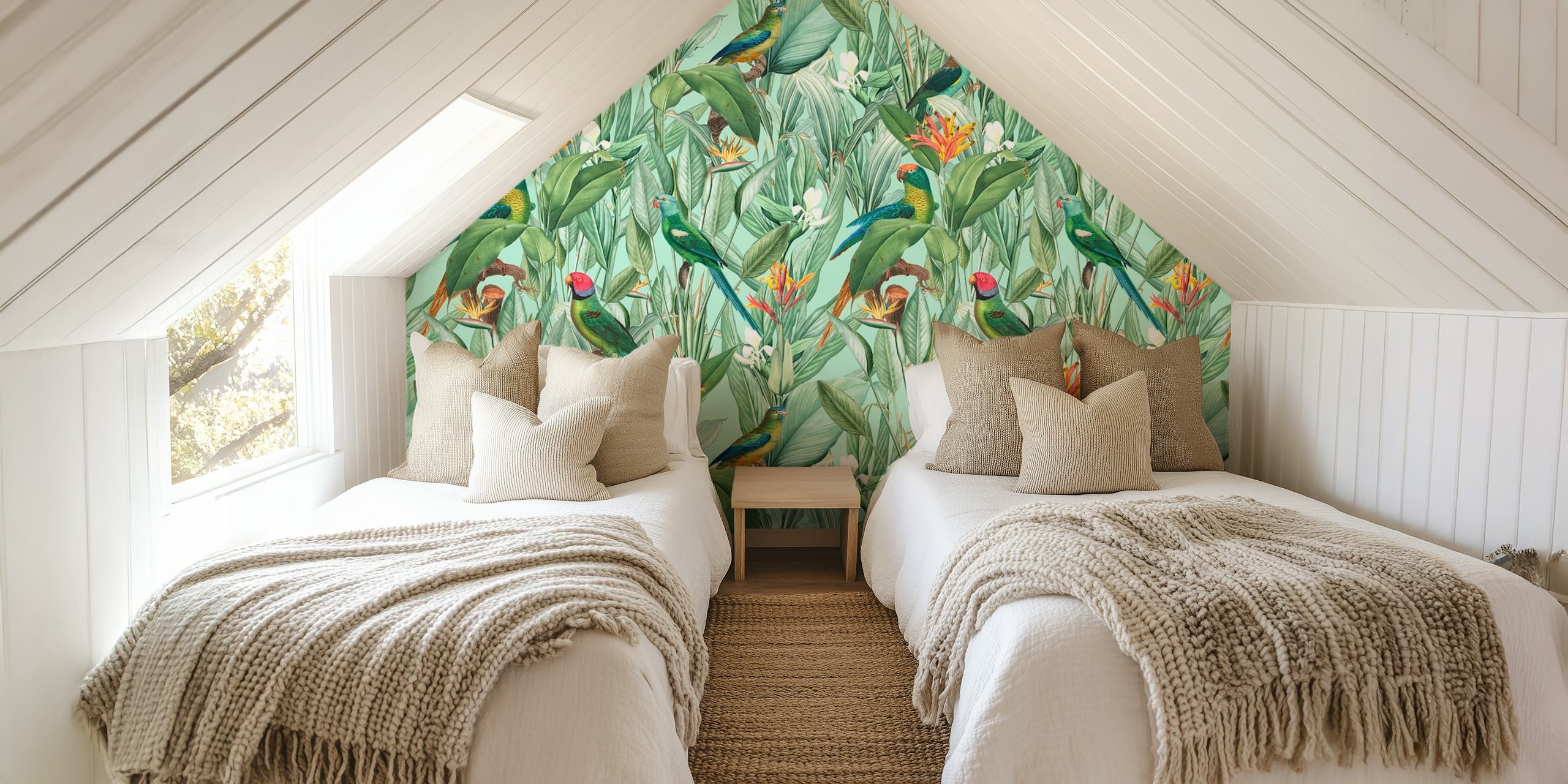 Tropical parrots wallpaper in a lush setting