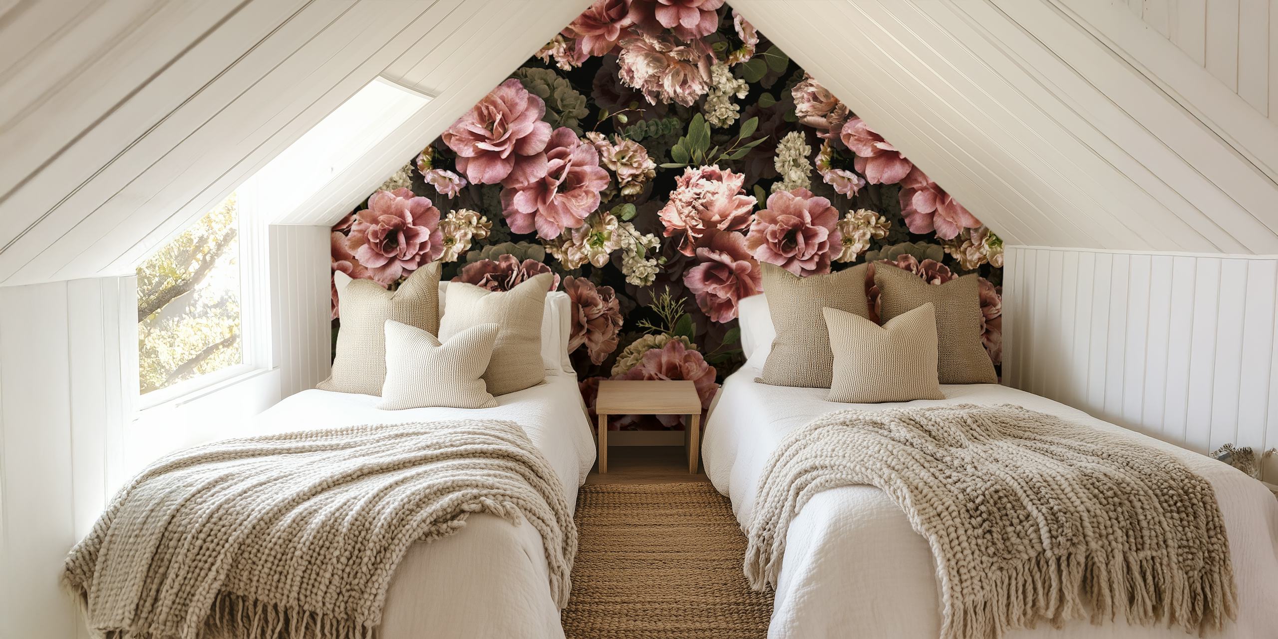 Pink floral vintage wallpaper featuring lush roses and greenery