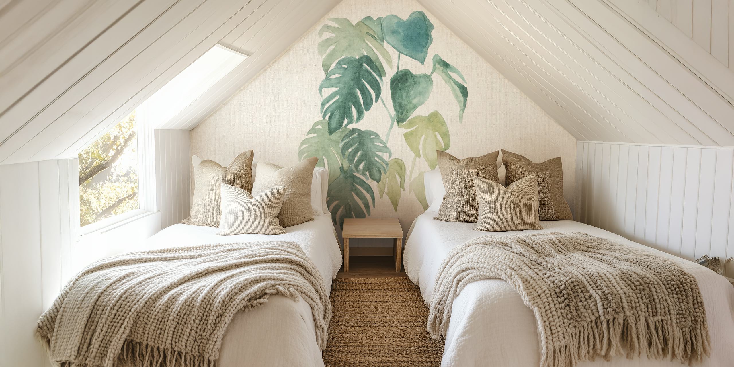 Τοίχος με Tropical watercolor leaves σε αποχρώσεις του πράσινου και του μπλε