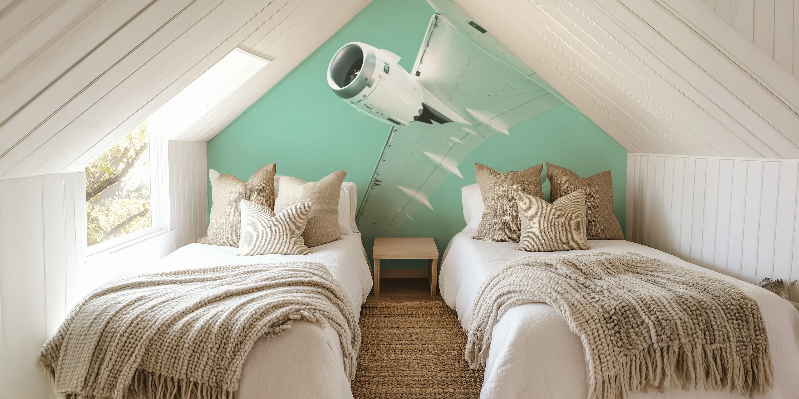 Geometric airplane wing and engine detail in teal wallpaper