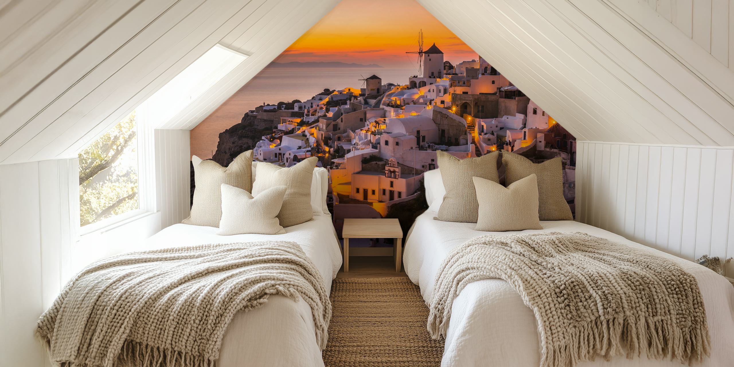 Santorini sunset landscape with white buildings and warm colors wallpaper