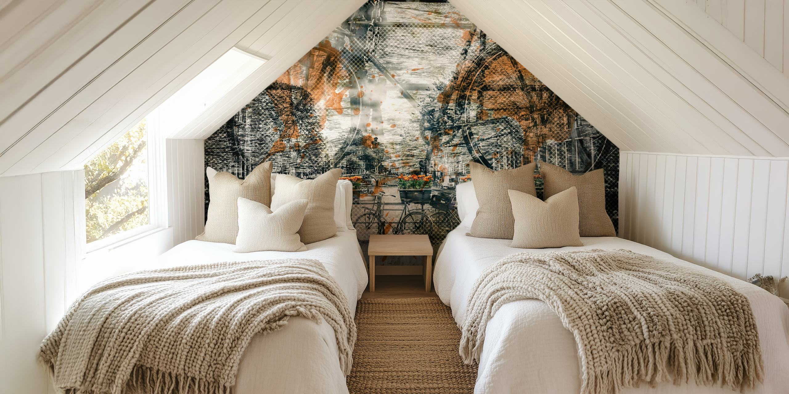 Artistic wall mural of bicycles with a street art style overlay representing Amsterdam's urban culture