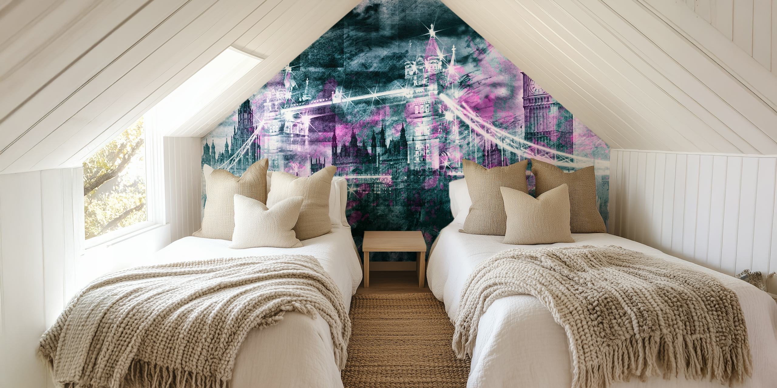 London skyline with Big Ben and Tower Bridge in purple-grey watercolor wallpaper