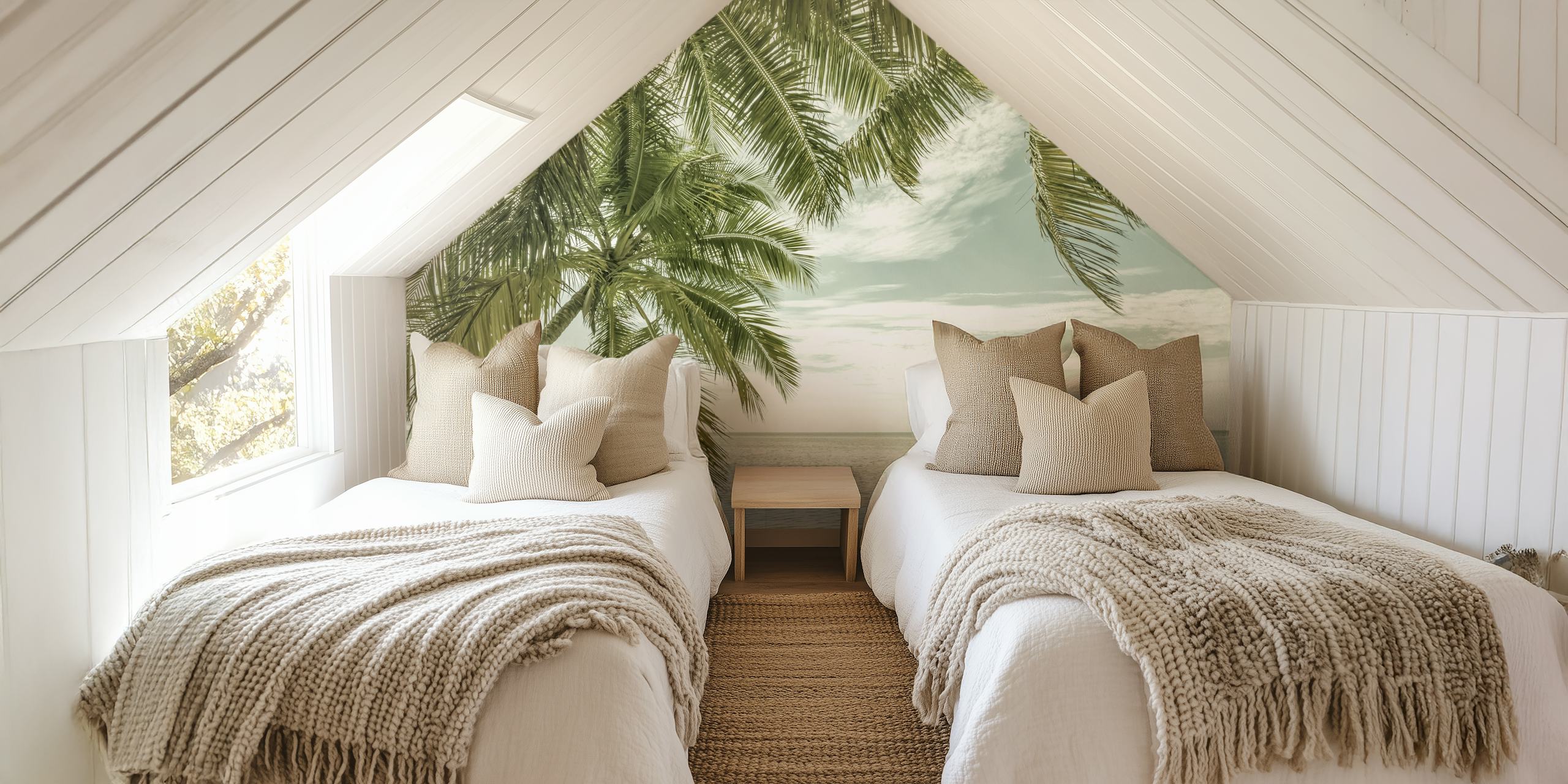 Vintage-style wall mural of a Florida ocean view with swaying palm trees