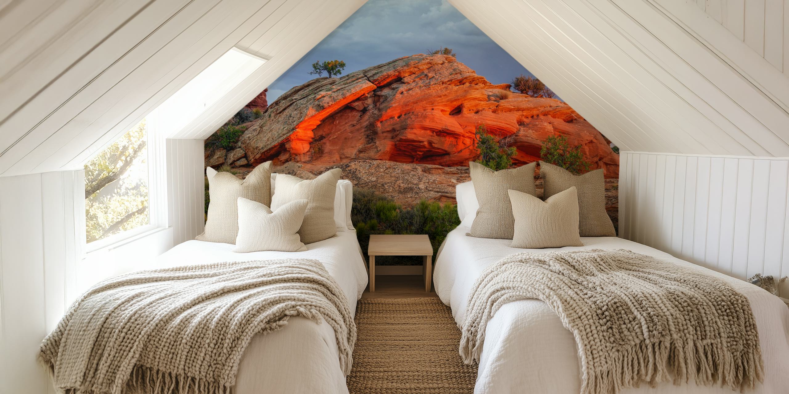 Glowing rock at sunset with vibrant orange hues and natural surroundings. Wallpaper