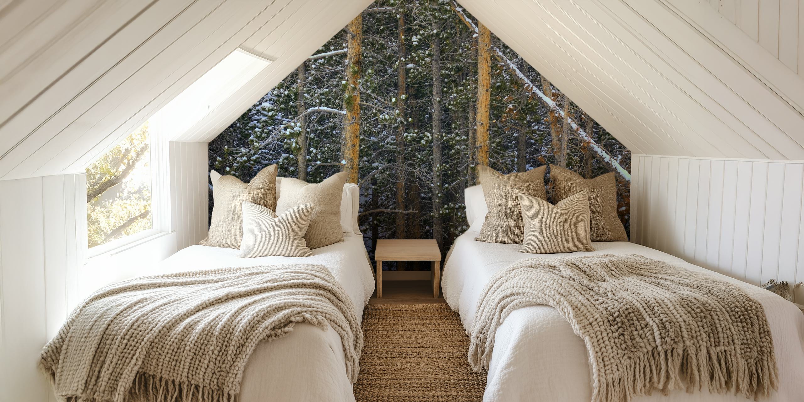 Snowy pine trees in a forest setting wallpaper