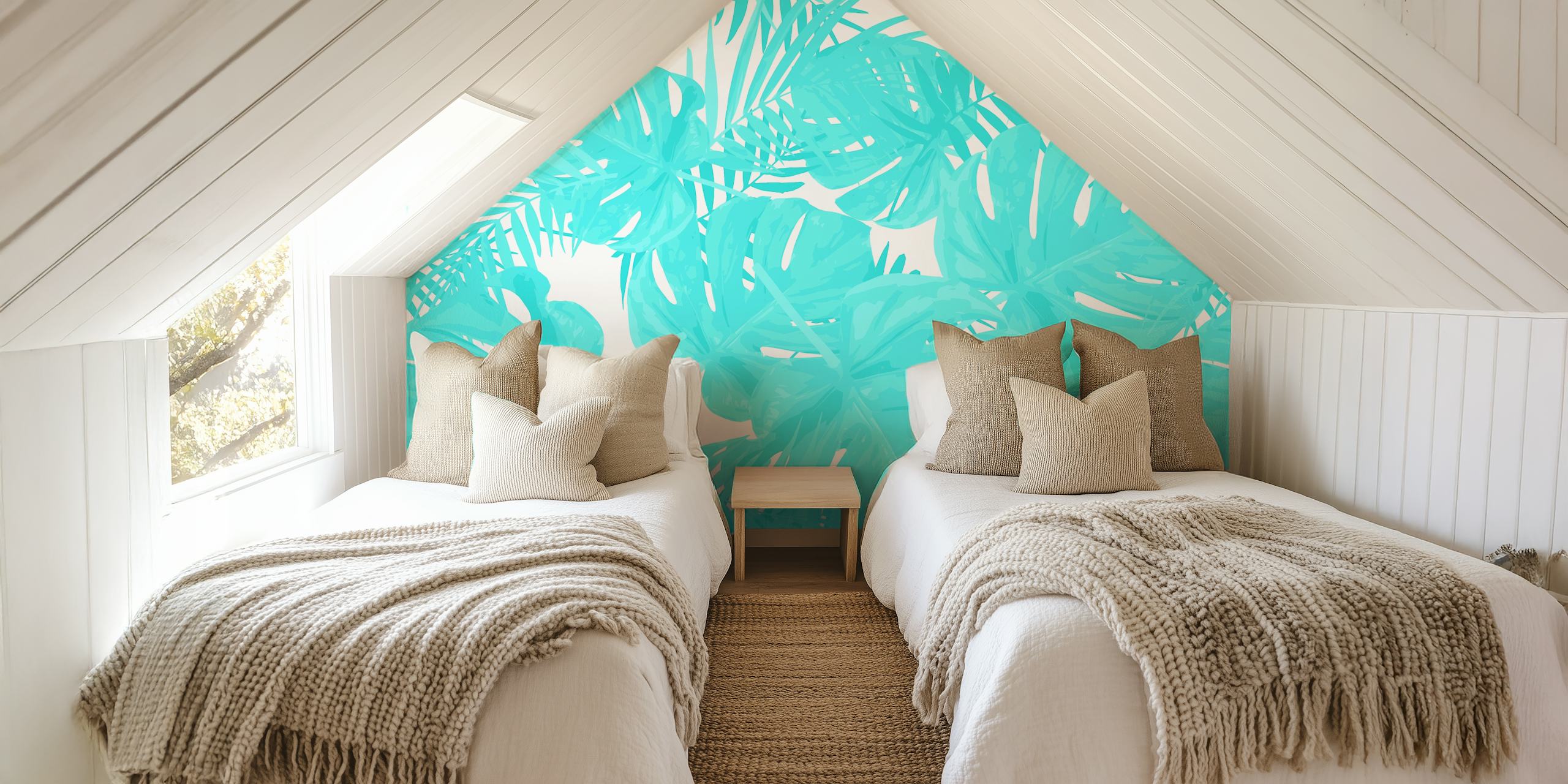 Papel de parede Bright Turquoise Monstera em um quarto