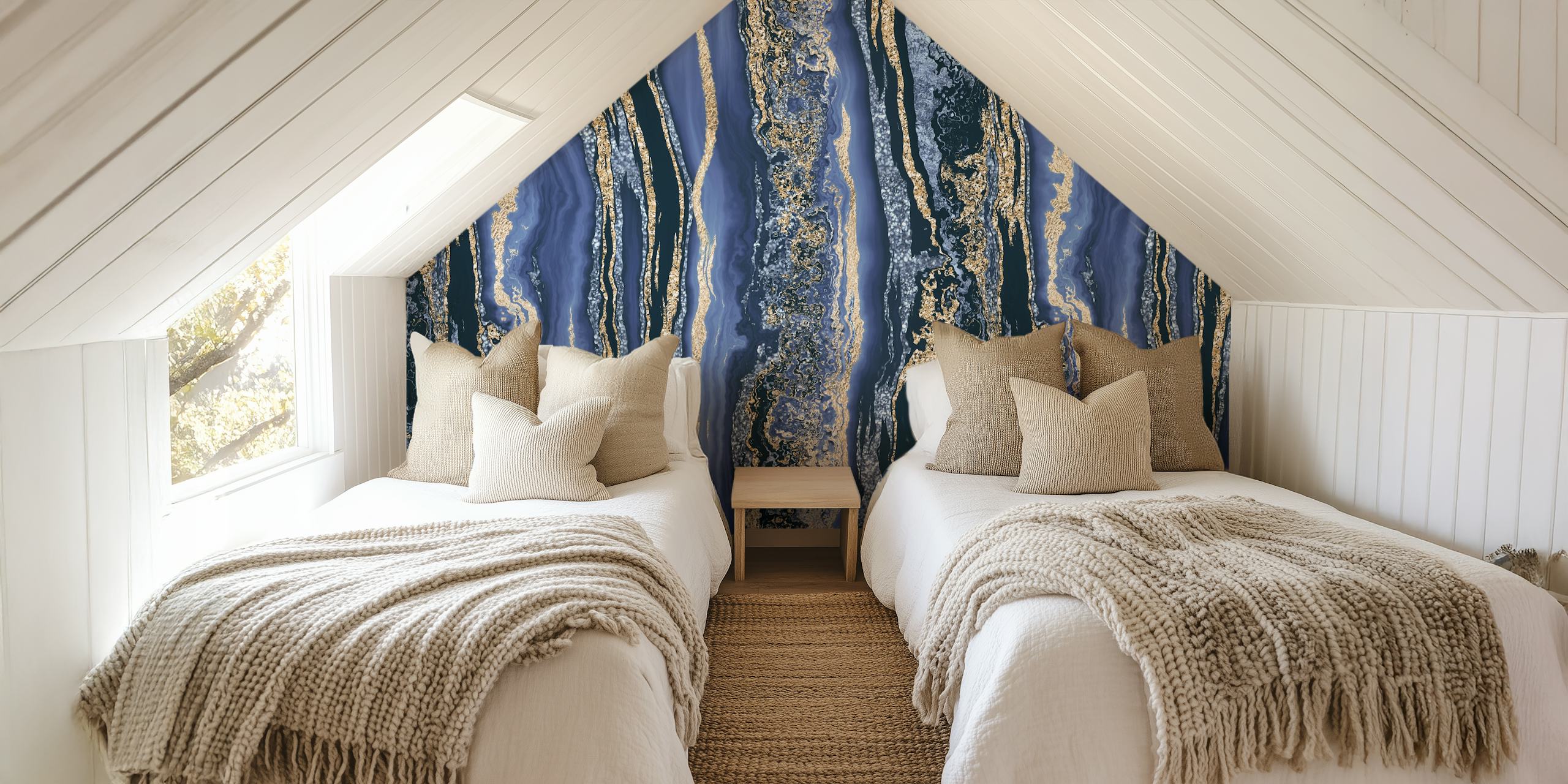 Elegant blue and gold wall mural with sparkling mineral-like patterns