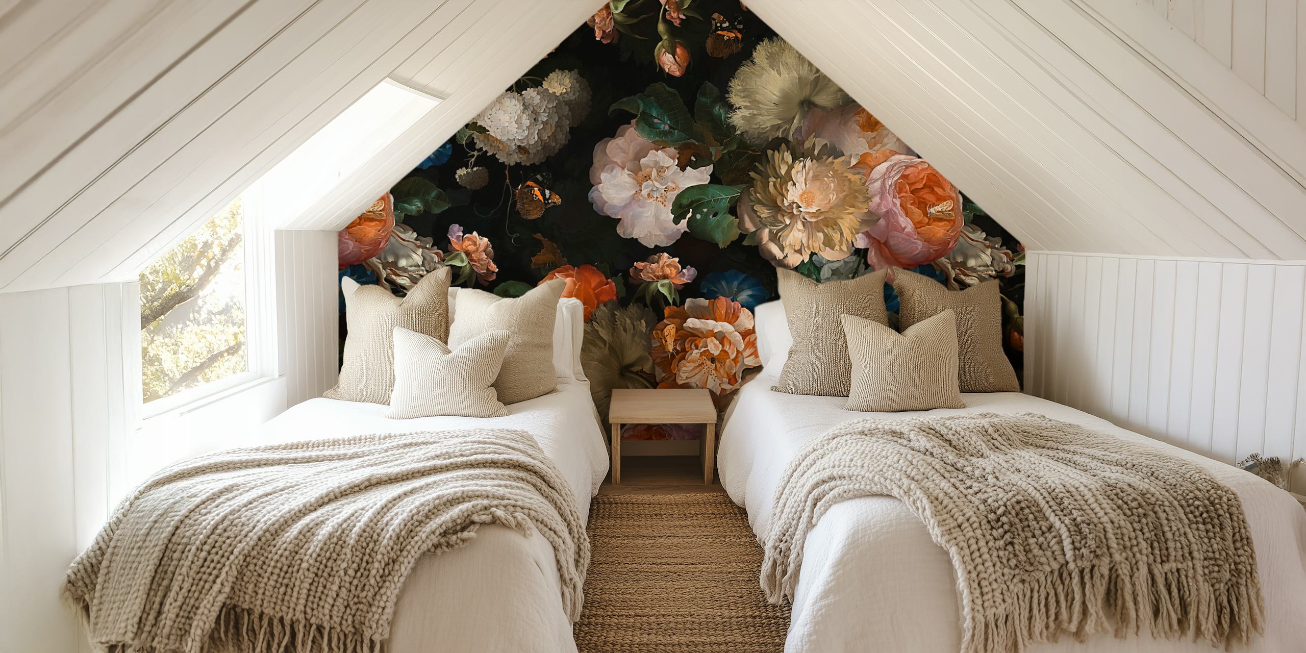 Floral design in soft orange, pink, and blue on black wallpaper