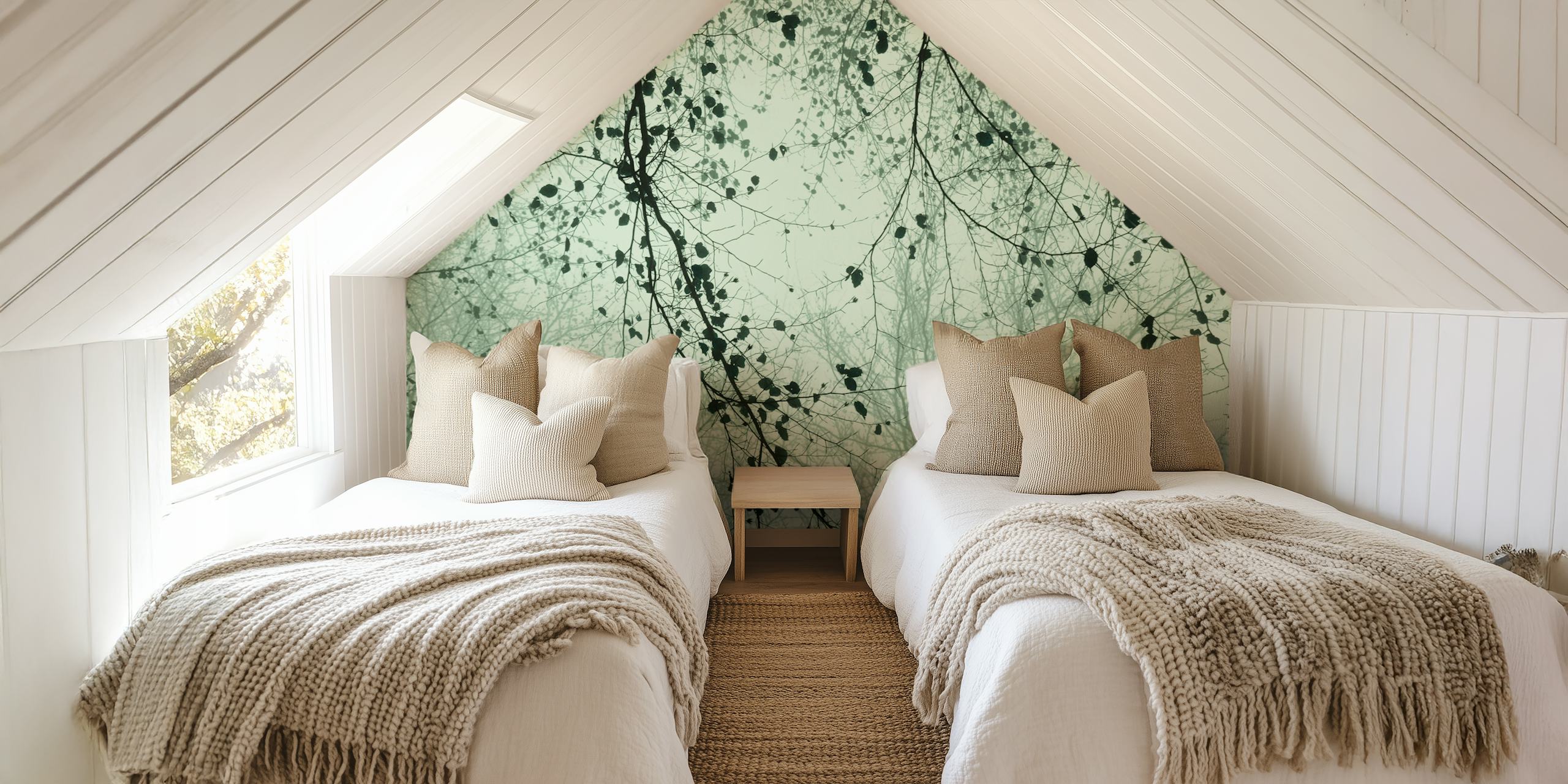 Sage Colored Wallpaper featuring Leaves and Branches