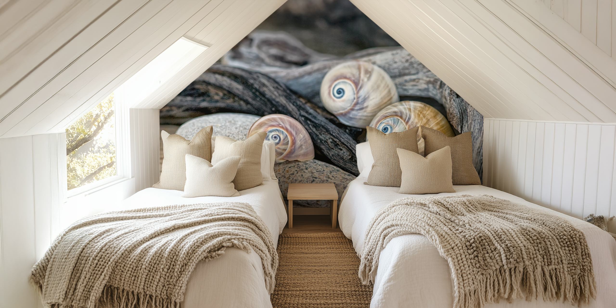 Sea shells and smooth stones on a wooden surface wallpaper