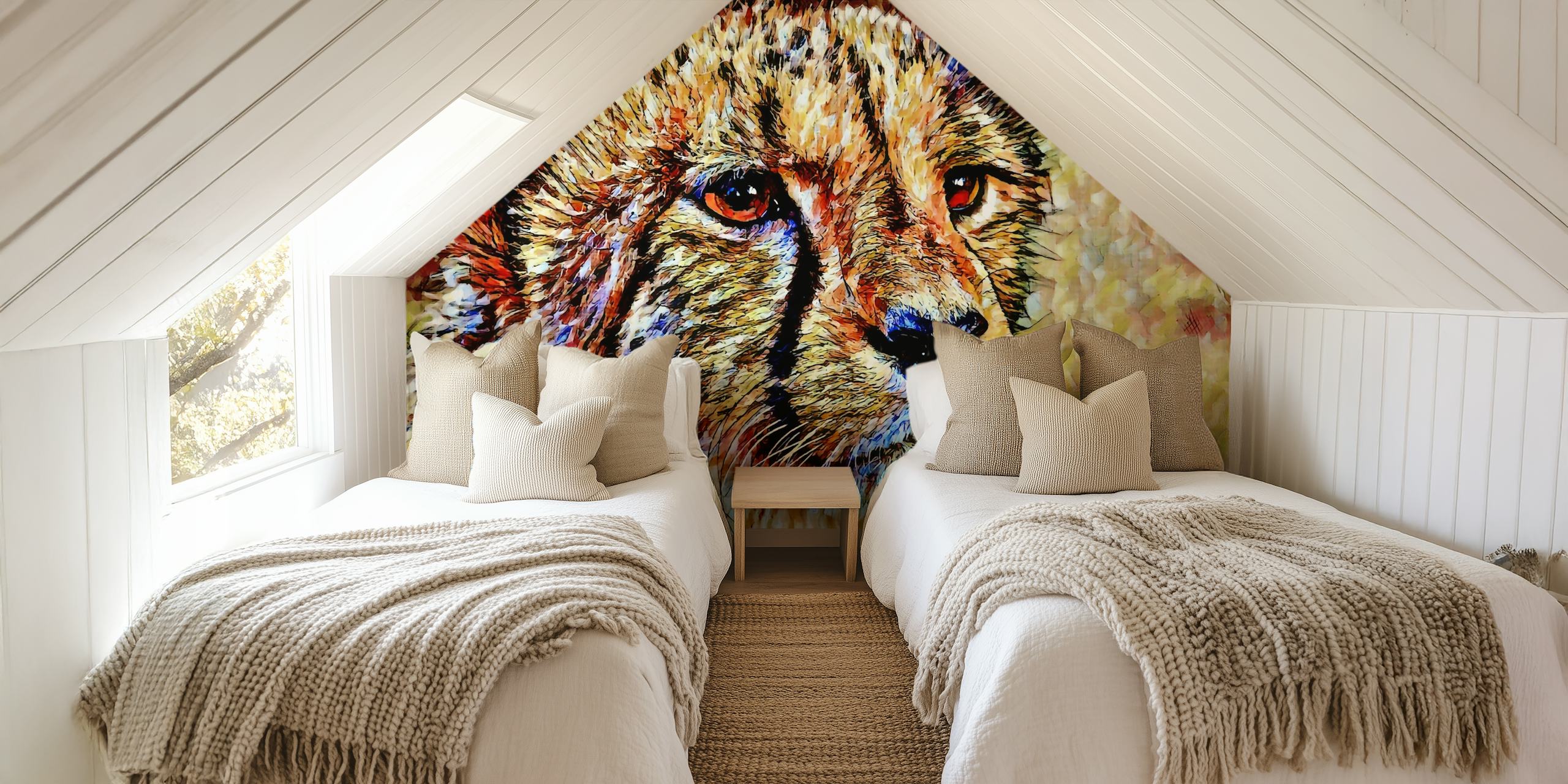 Artistic cheetah wall mural with colorful, textured brush strokes