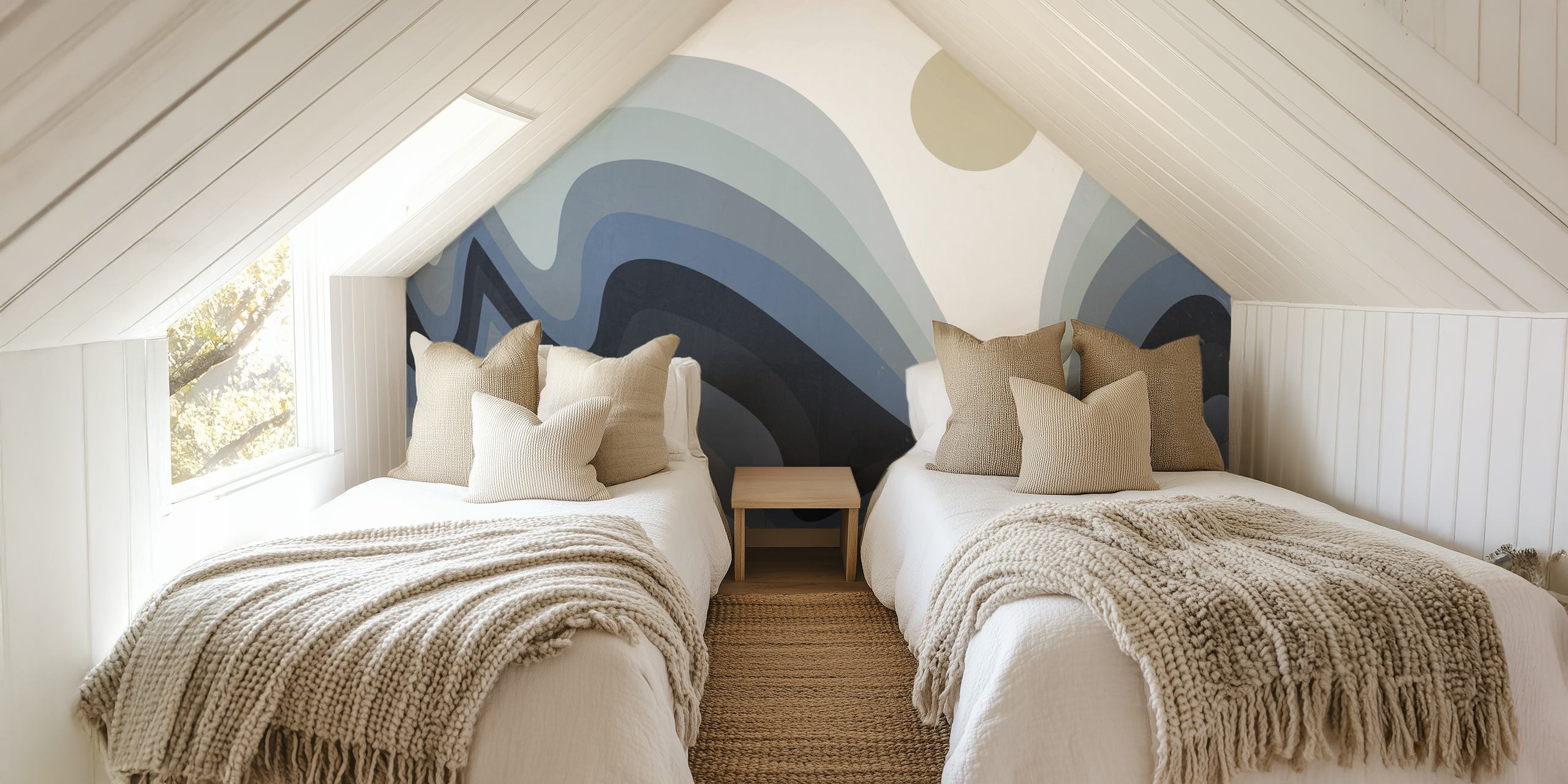 Abstrakte Landschaft mit geschwungenen Linien in Grau- und Cremetönen, mit einer einsamen blassen Sonne.