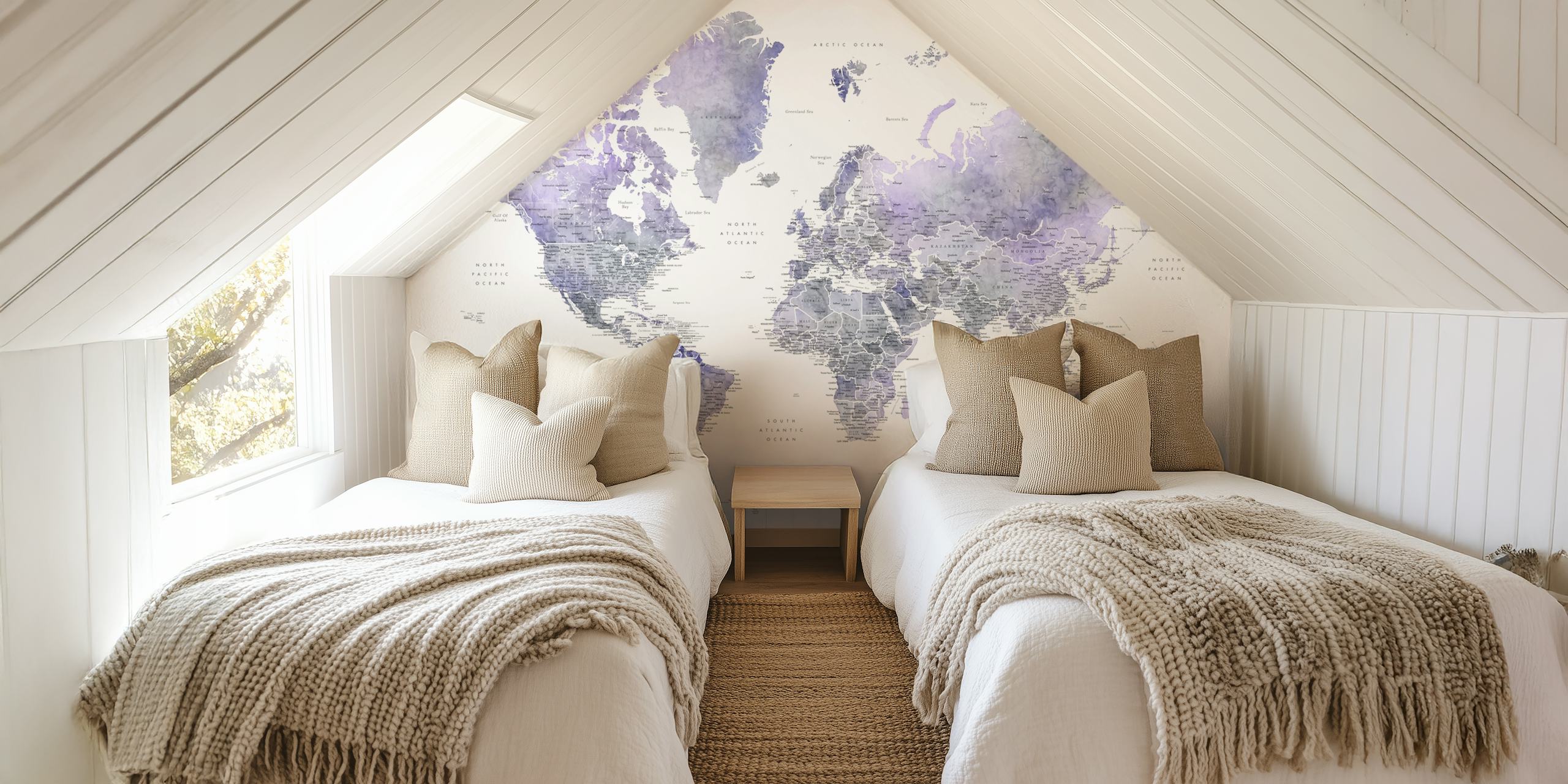 Purple and gray watercolor world map wallpaper