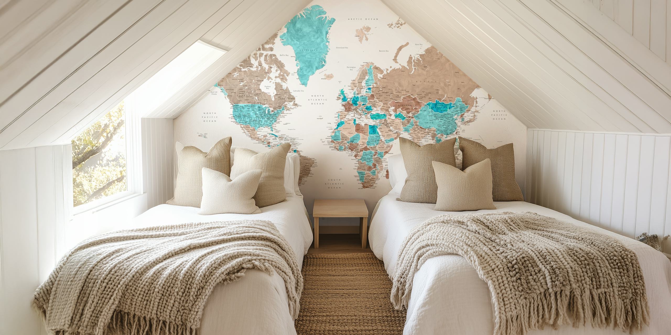 Detailed world map in teal and beige tones wallpaper