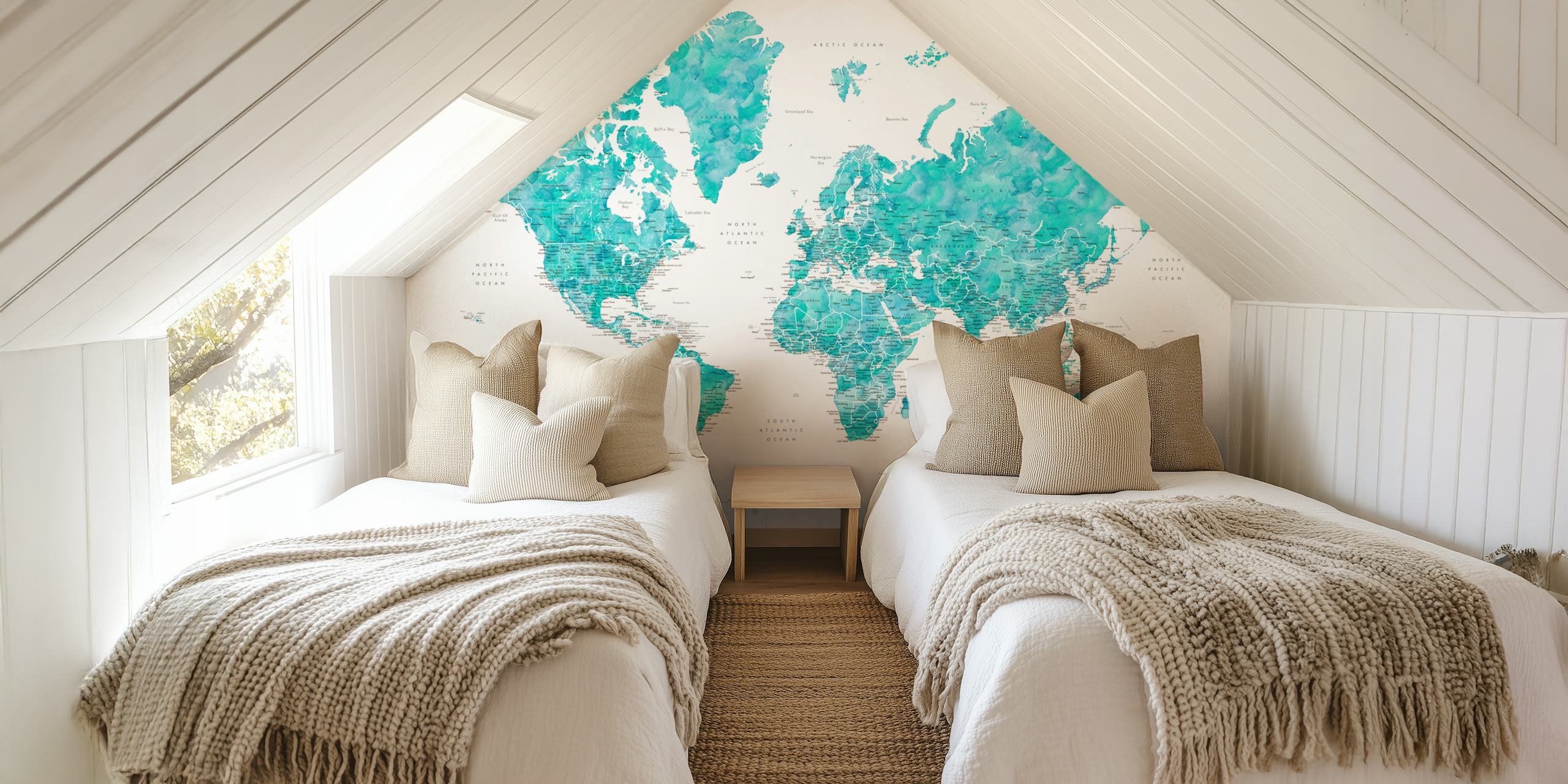 Watercolor world map in vibrant blue tones wallpaper