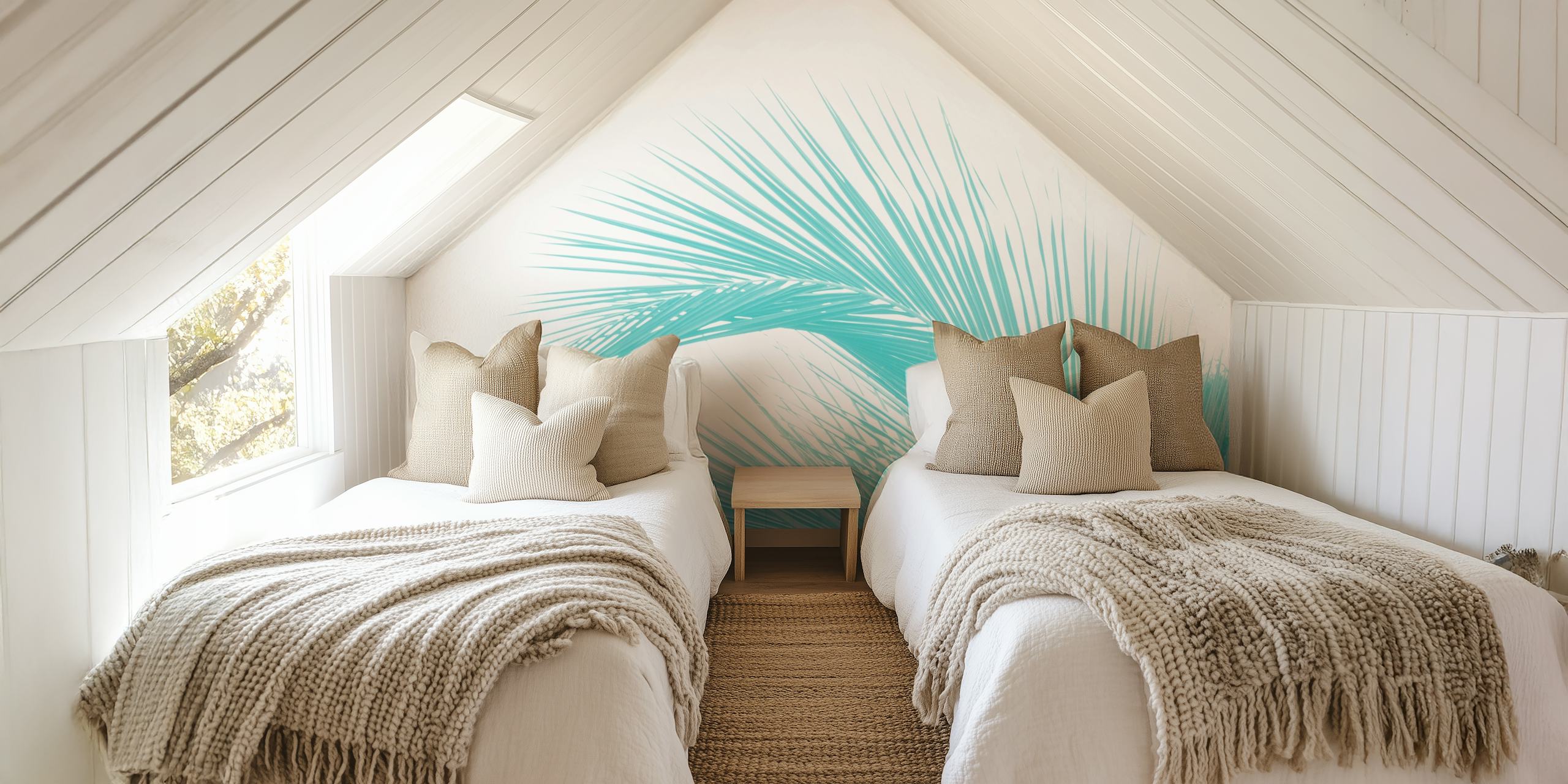 Aqua blue palm leaves on white background wallpaper