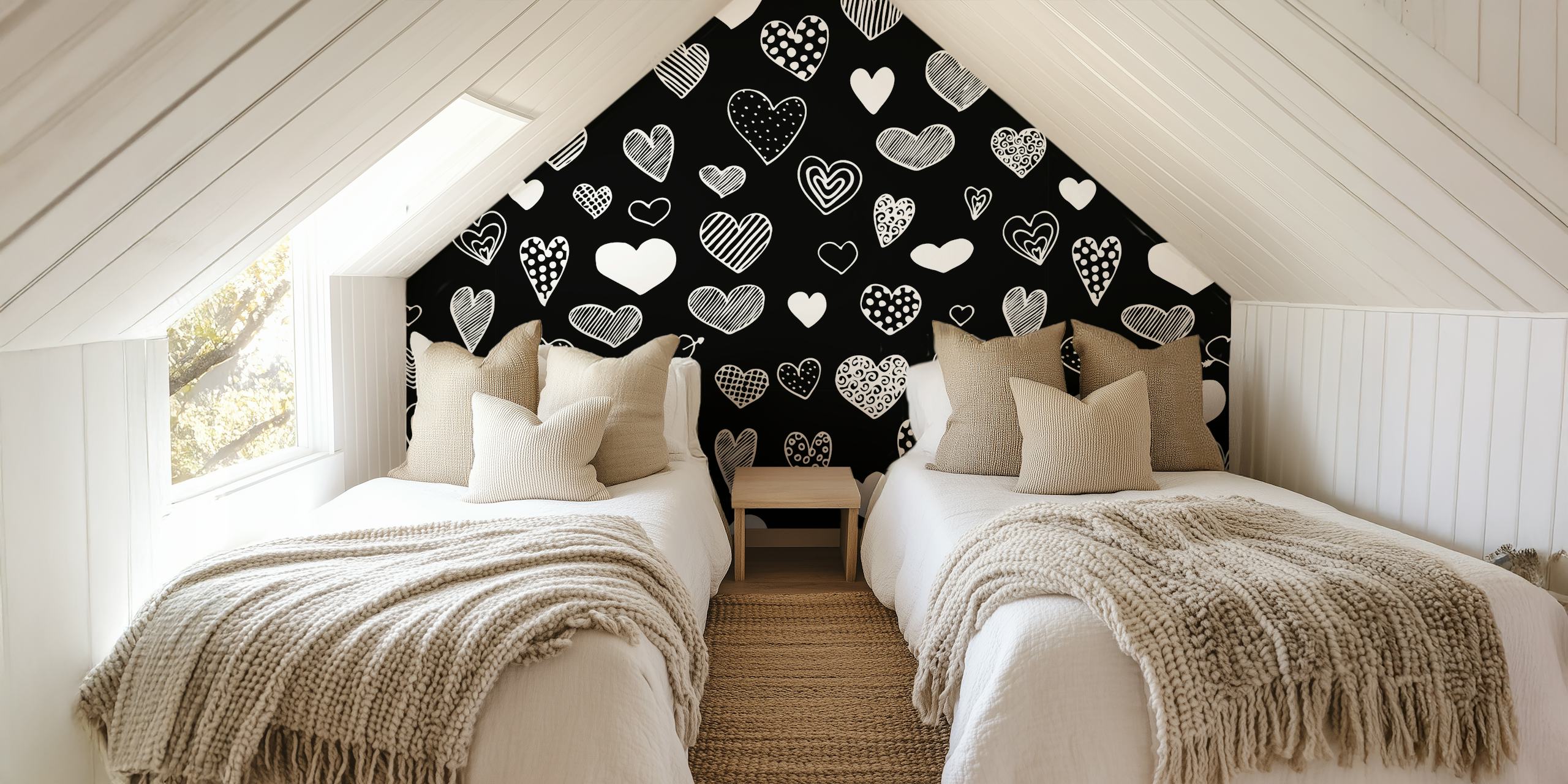 Tapeta Heart Doodles černobílá v pokoji