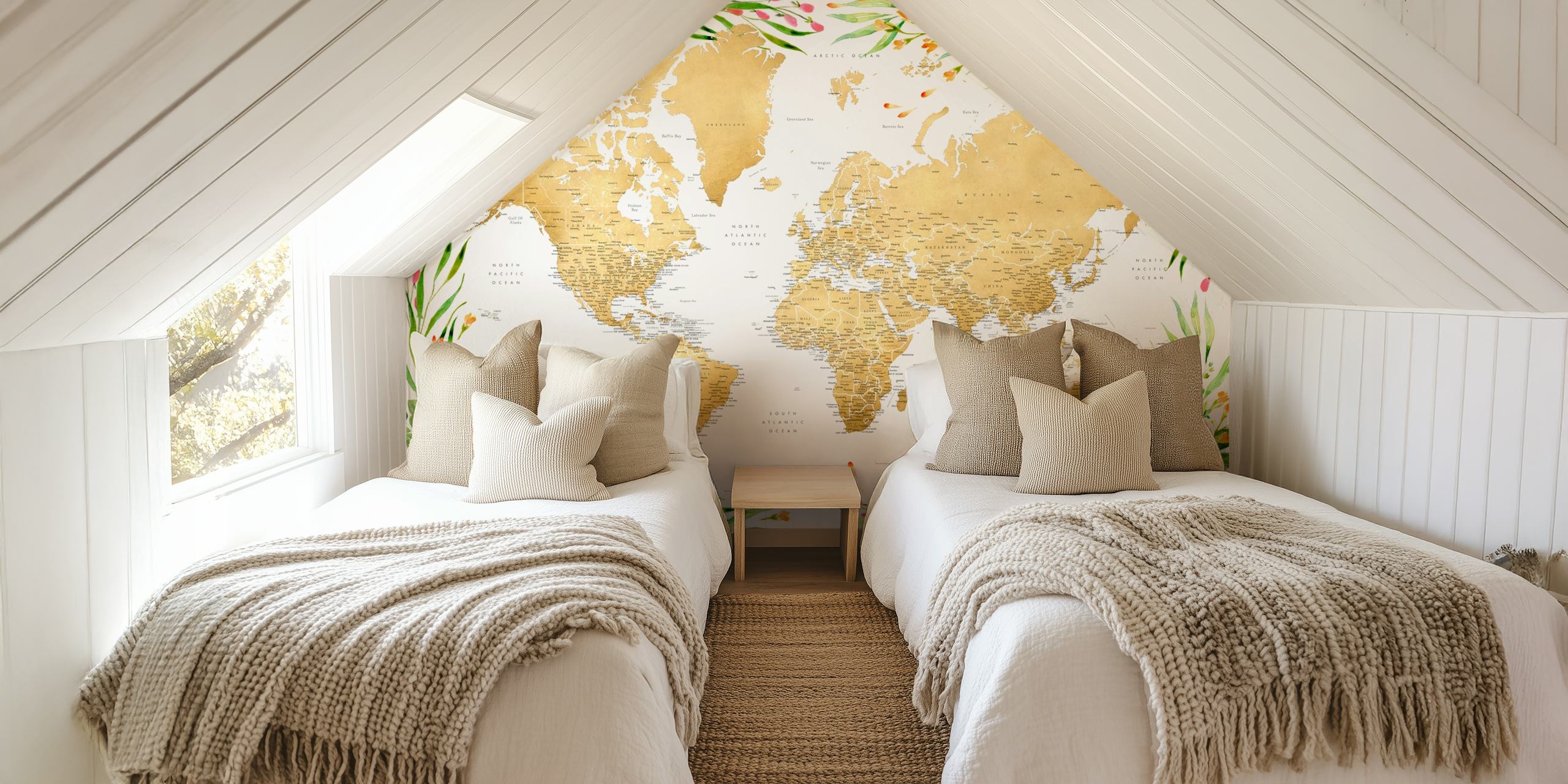 World map adorned with colorful floral patterns and golden accents wallpaper