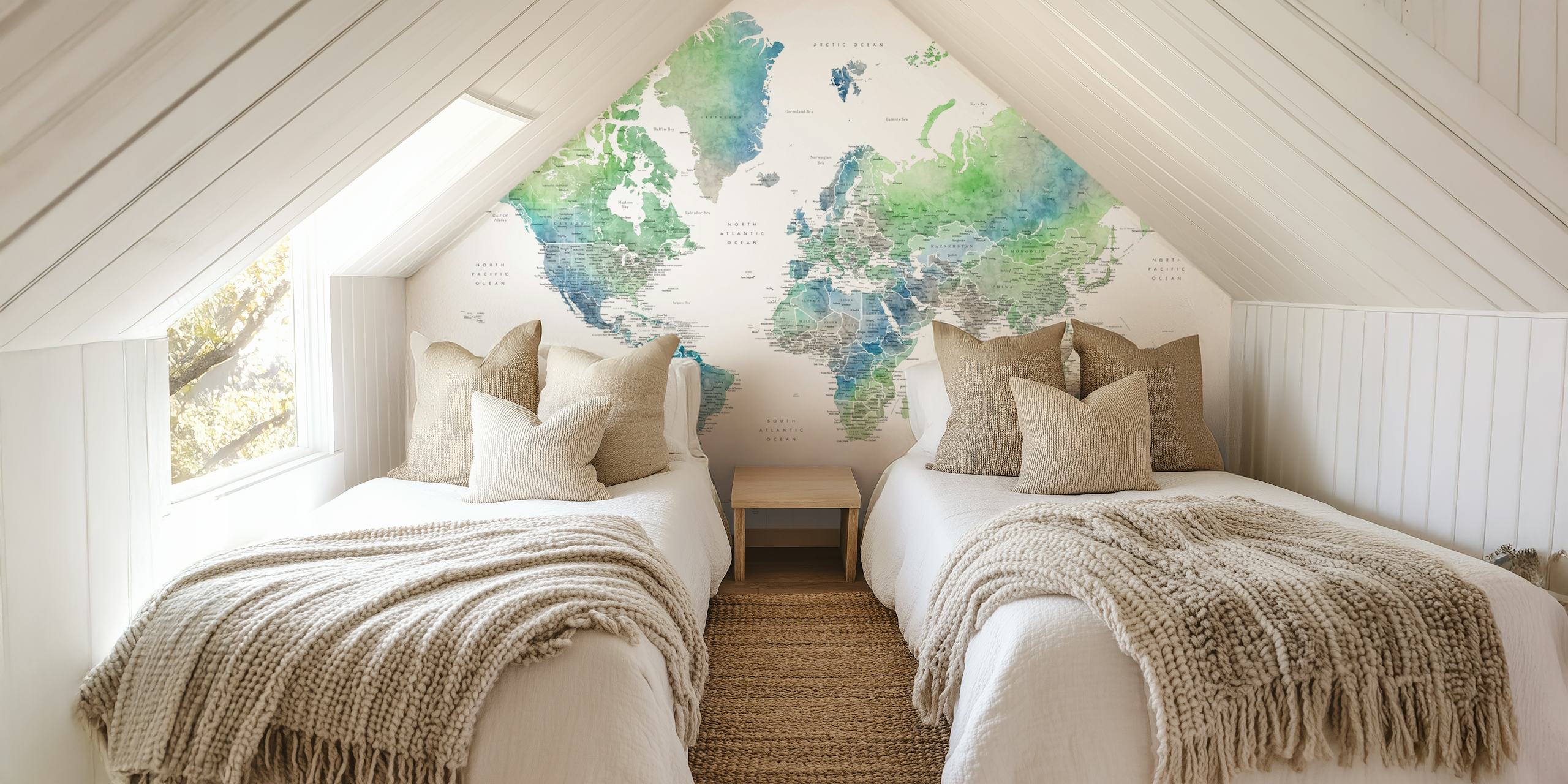 Detailed world map wallpaper in a stylish room