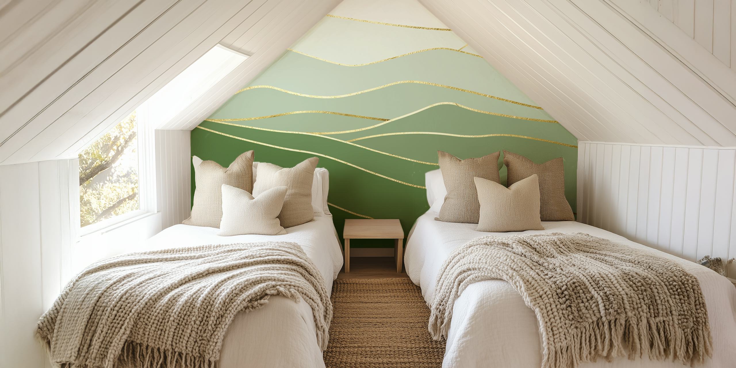Abstract landscape wallpaper featuring green hues and gold outlines