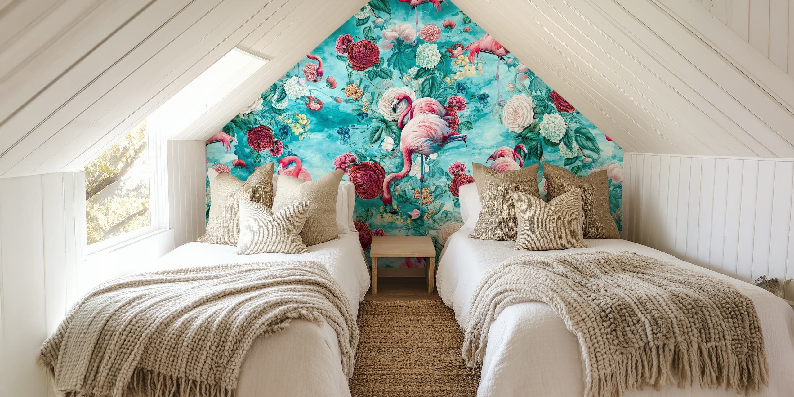 Filamingos wall mural with pink flamingos and botanicals