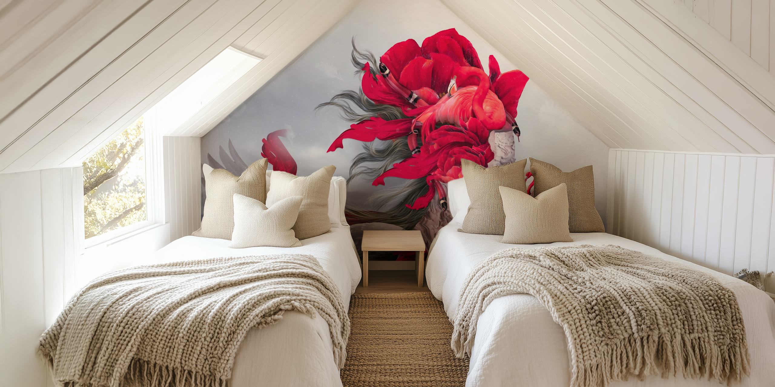Flamingo Queen wallpaper featuring a woman with floral elements and flamingo, red colors, modern design