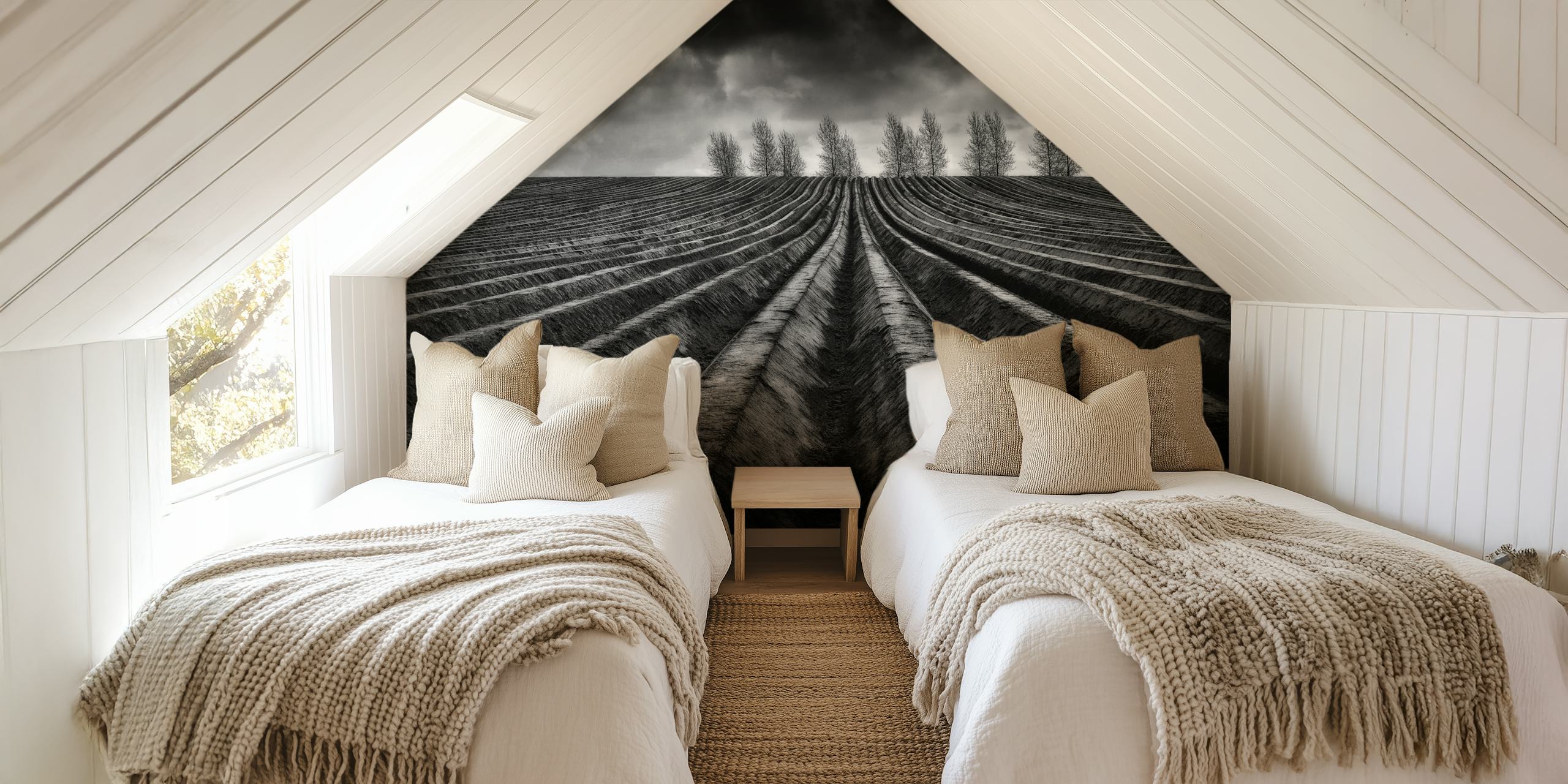 Black and white farm field with curved plowed rows wallpaper