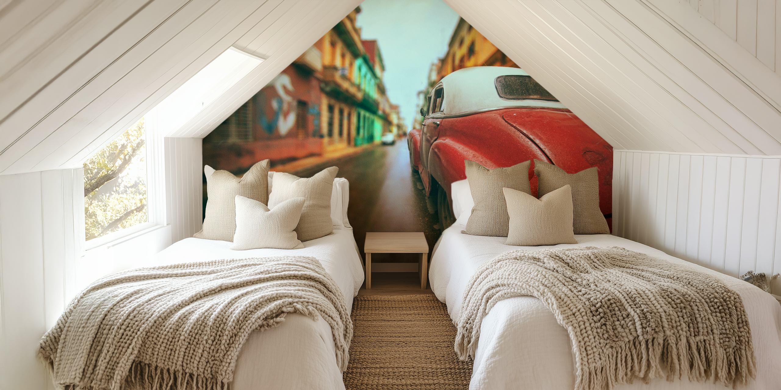 Cuban vintage car with backdrop of colorful street buildings wallpaper