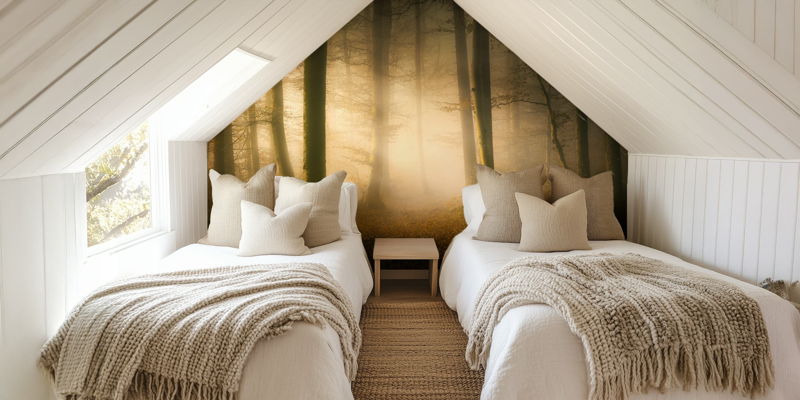 Misty autumn forest wall mural with sunlight filtering through trees