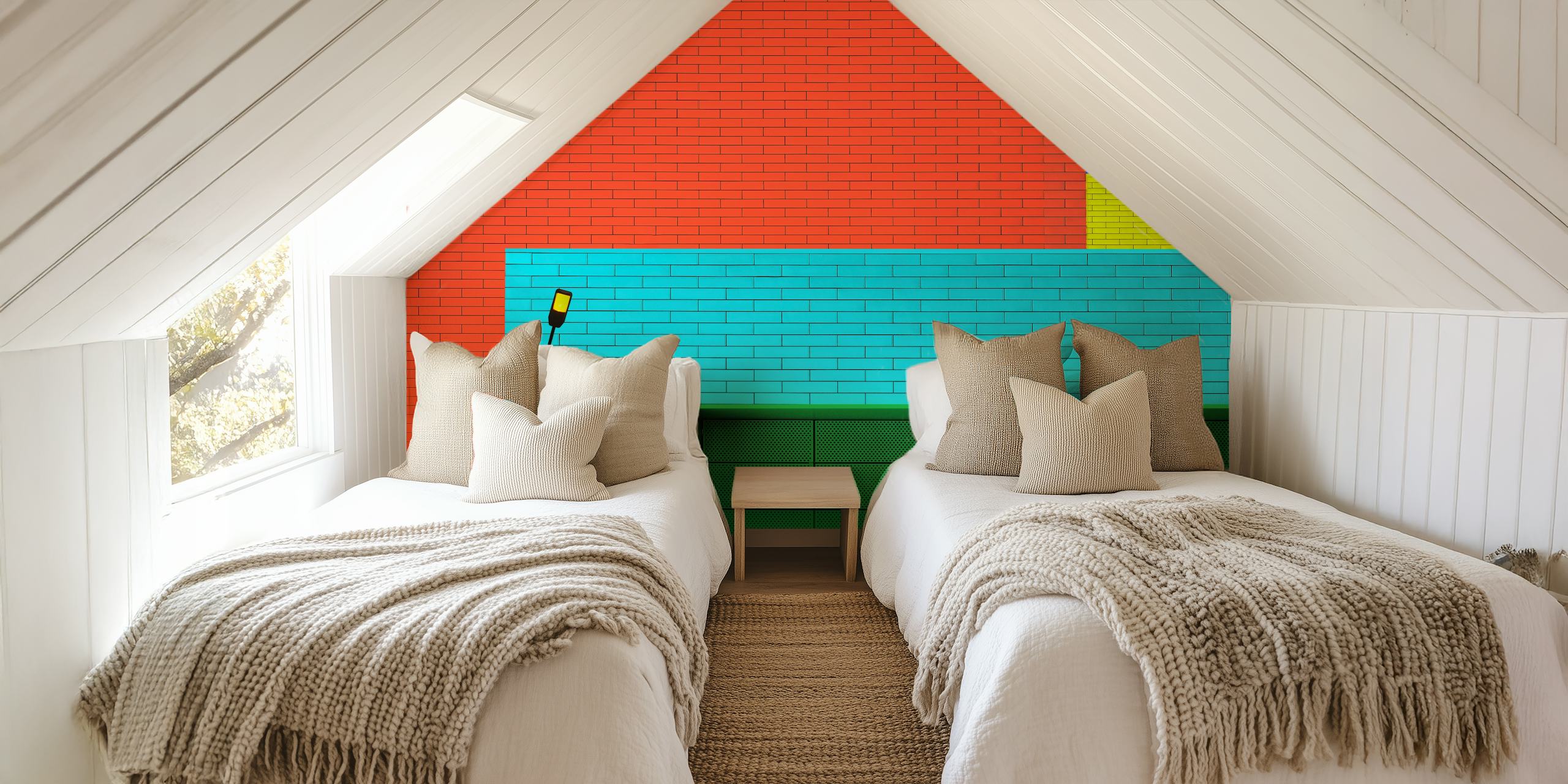Colorful wall mural with a geometric pattern representing a spectrum of rainbow colors