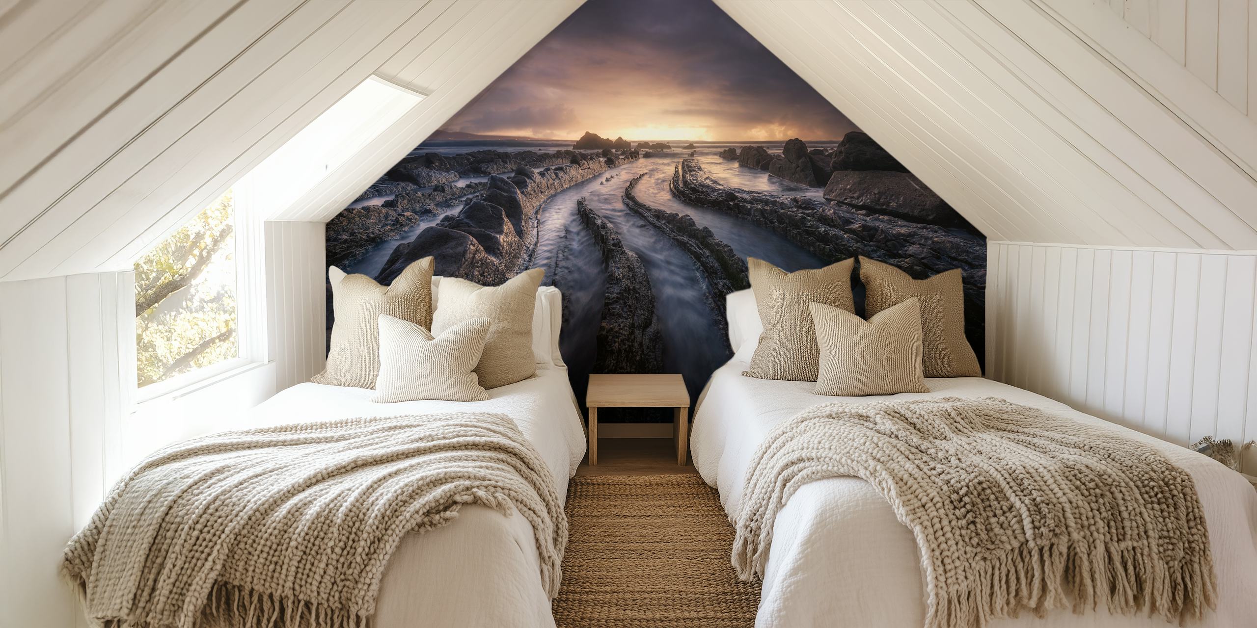 Coastal landscape wallpaper with textured rocks and water